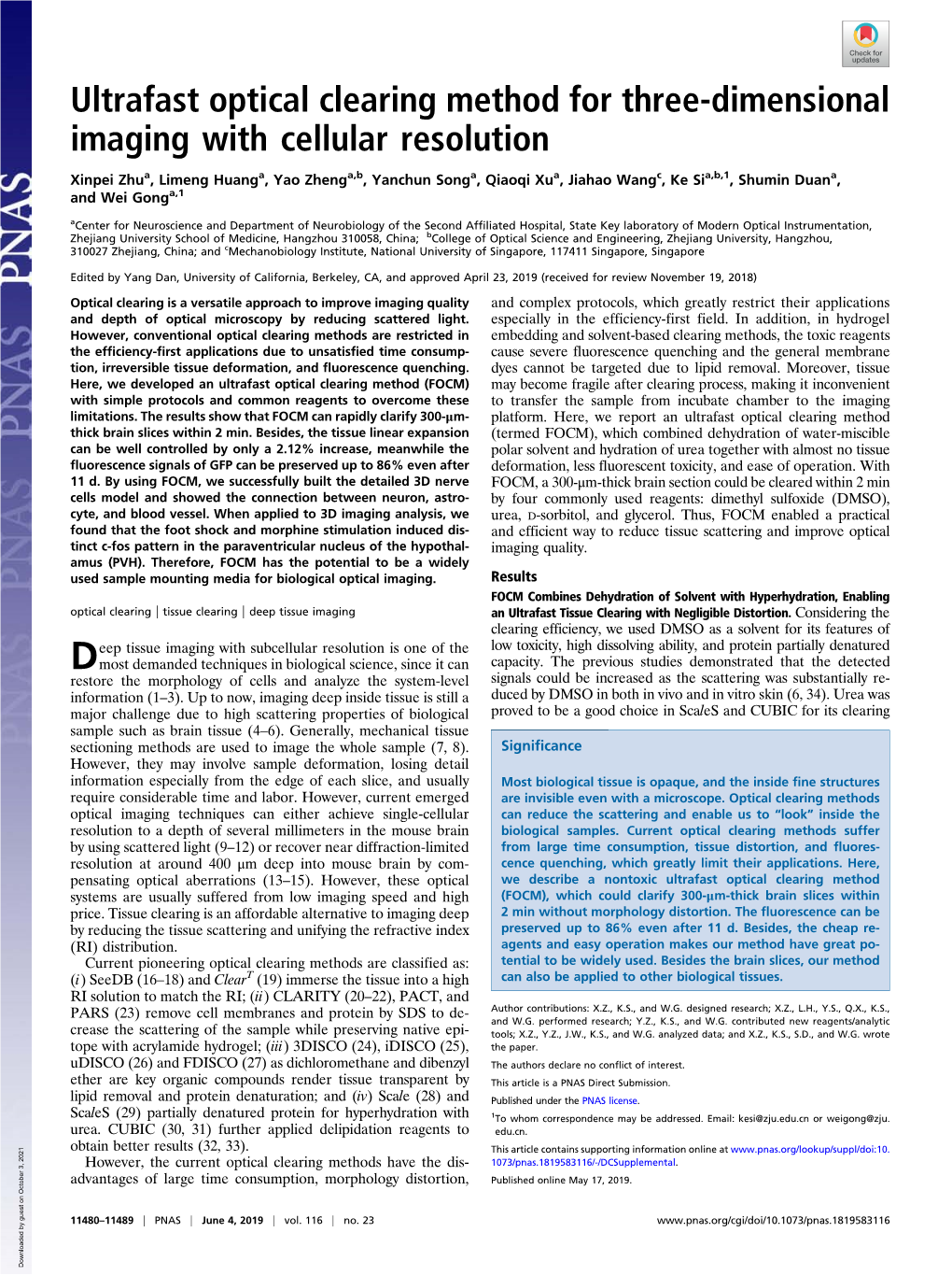 Ultrafast Optical Clearing Method for Three-Dimensional Imaging with Cellular Resolution