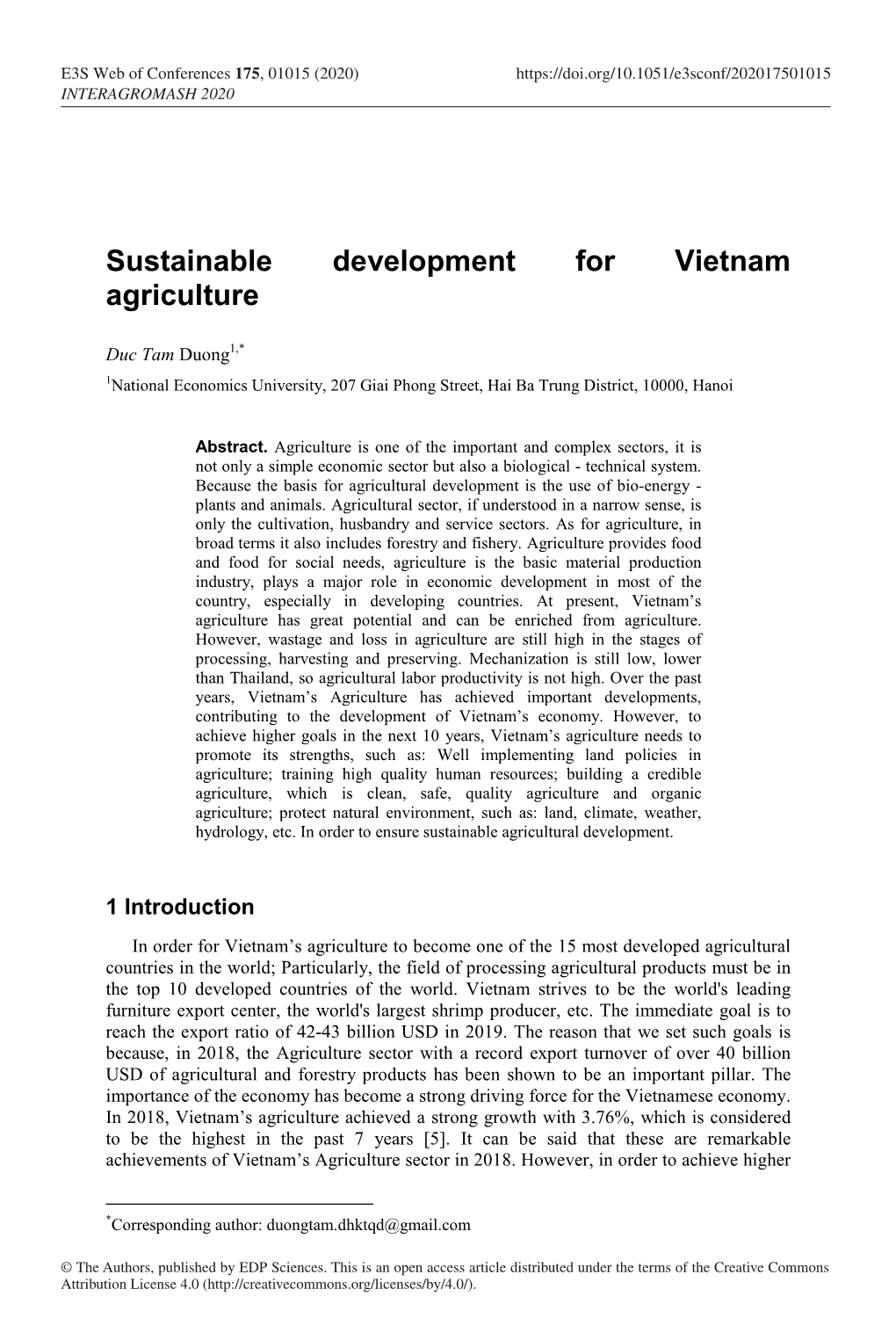 Sustainable Development for Vietnam Agriculture