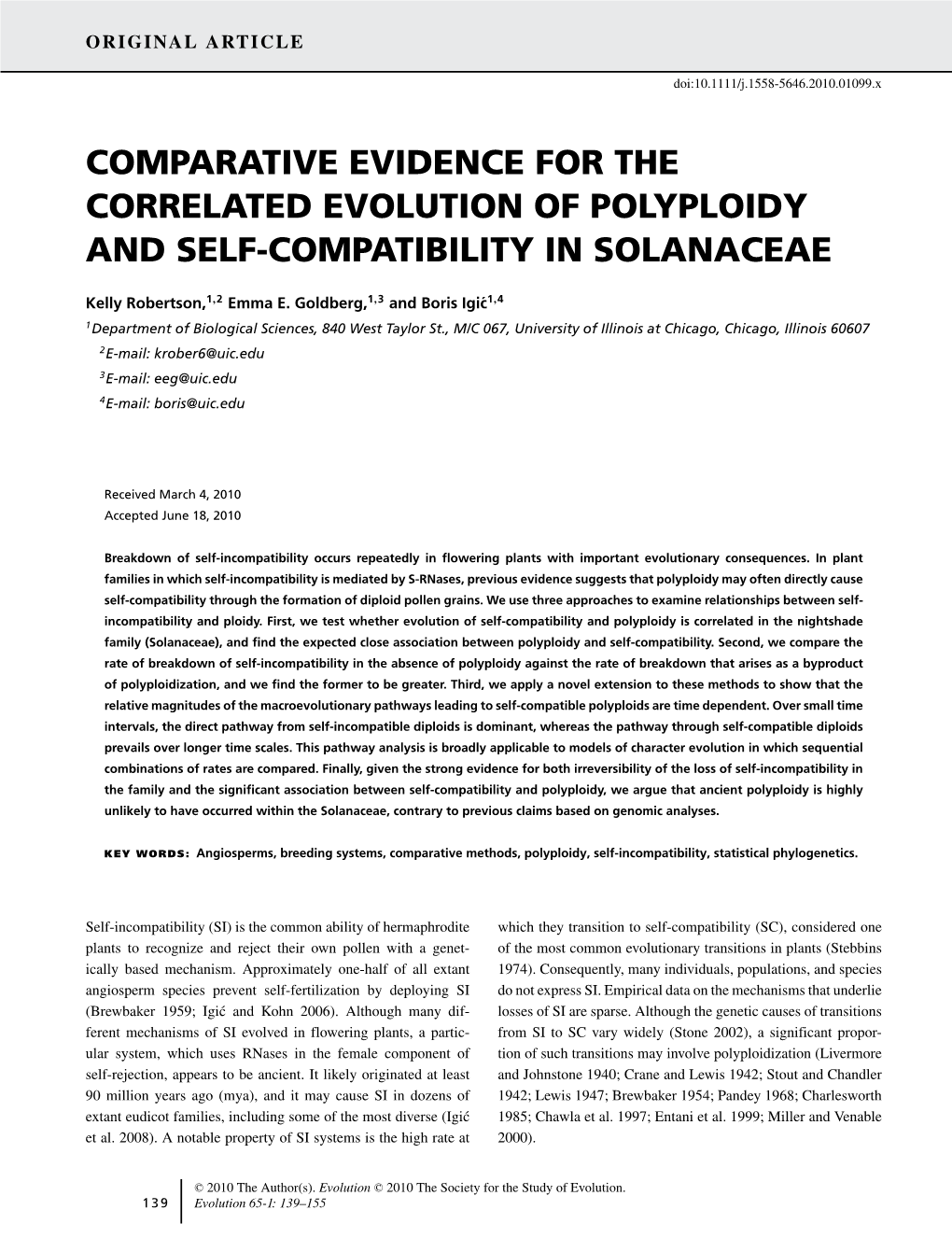 Comparative Evidence for the Correlated Evolution of Polyploidy and Self-Compatibility in Solanaceae