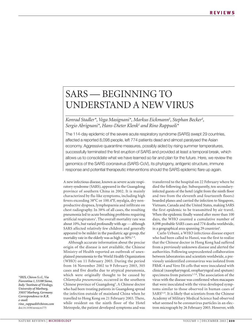 Sars — Beginning to Understand a New Virus