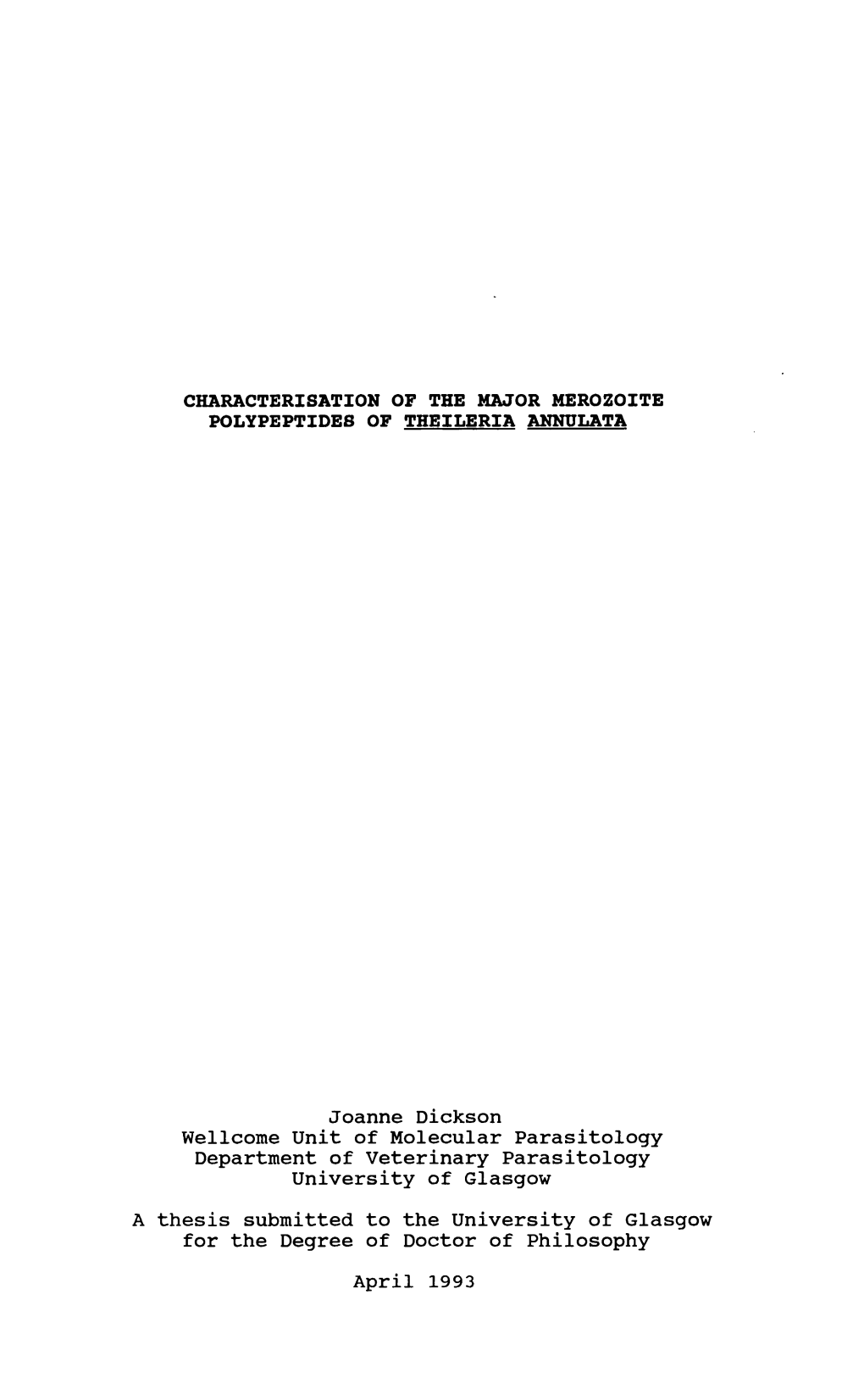 Characterisation of the Major Merozoite Polypeptides of Theileria Annulata