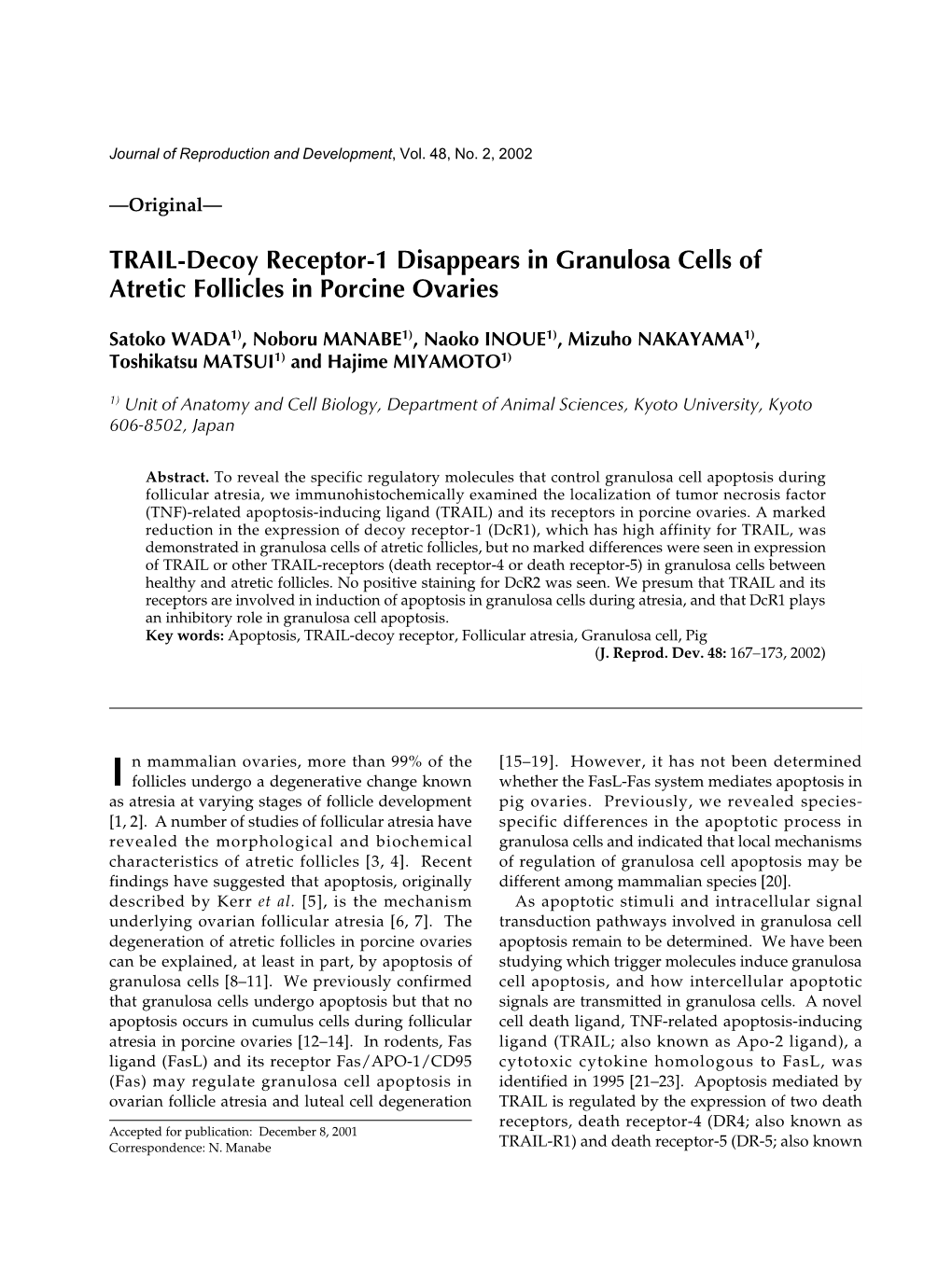 TRAIL-Decoy Receptor-1 Disappears in Granulosa Cells of Atretic Follicles in Porcine Ovaries