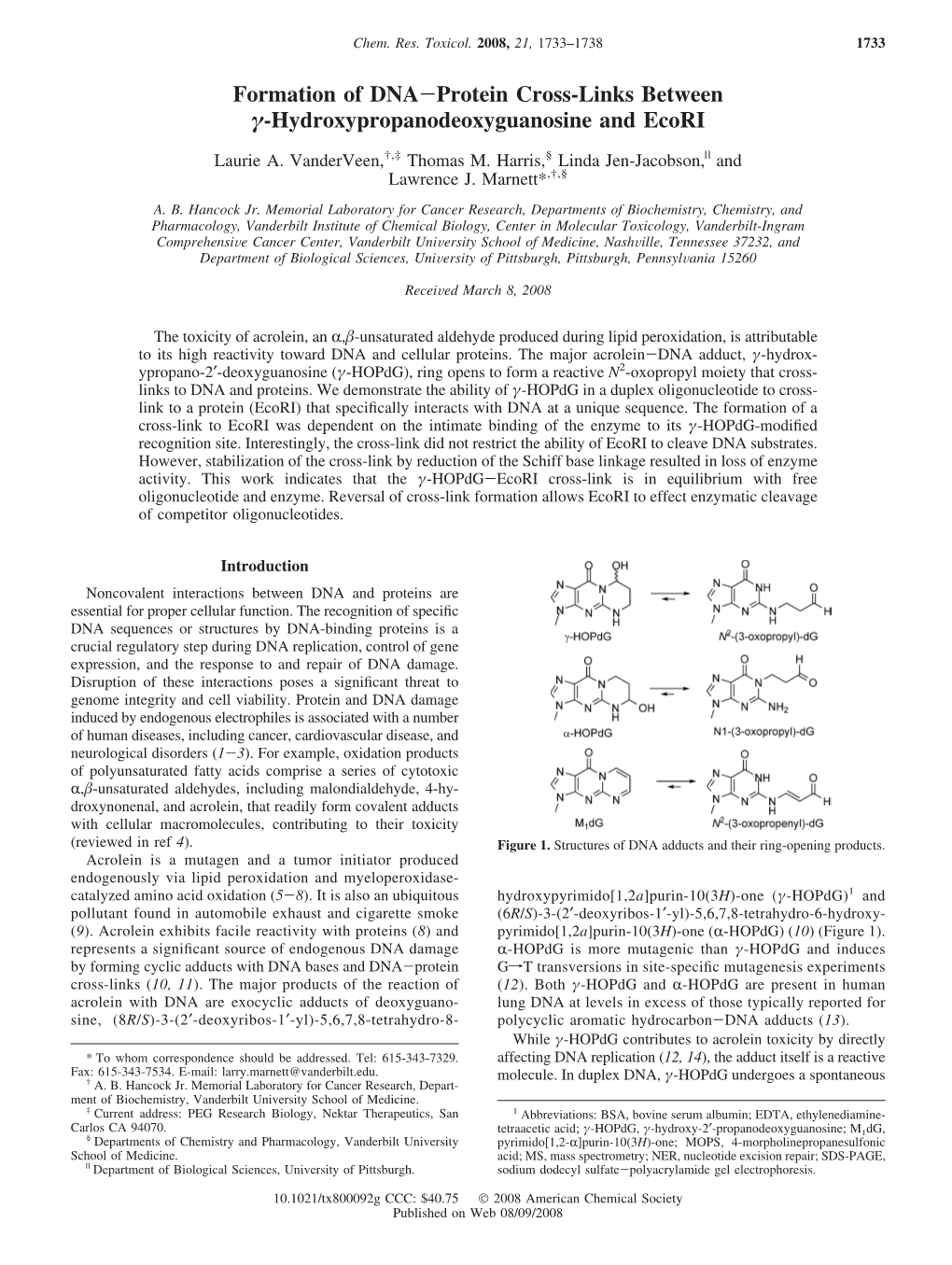 Formation of DNA-Protein Cross-Links Between Γ-Hydroxypropanodeoxyguanosine and Ecori