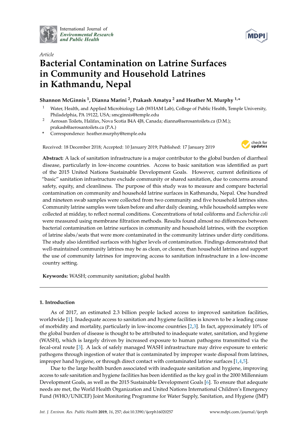 Bacterial Contamination on Latrine Surfaces in Community and Household Latrines in Kathmandu, Nepal