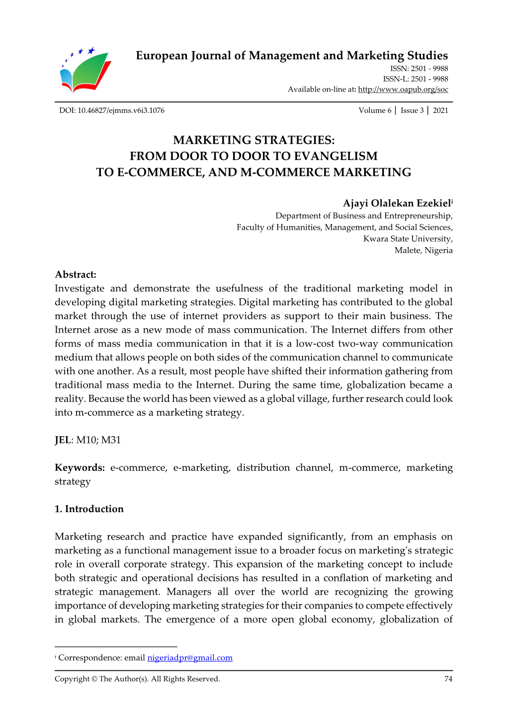 European Journal of Management and Marketing Studies ISSN: 2501 - 9988 ISSN-L: 2501 - 9988 Available On-Line At