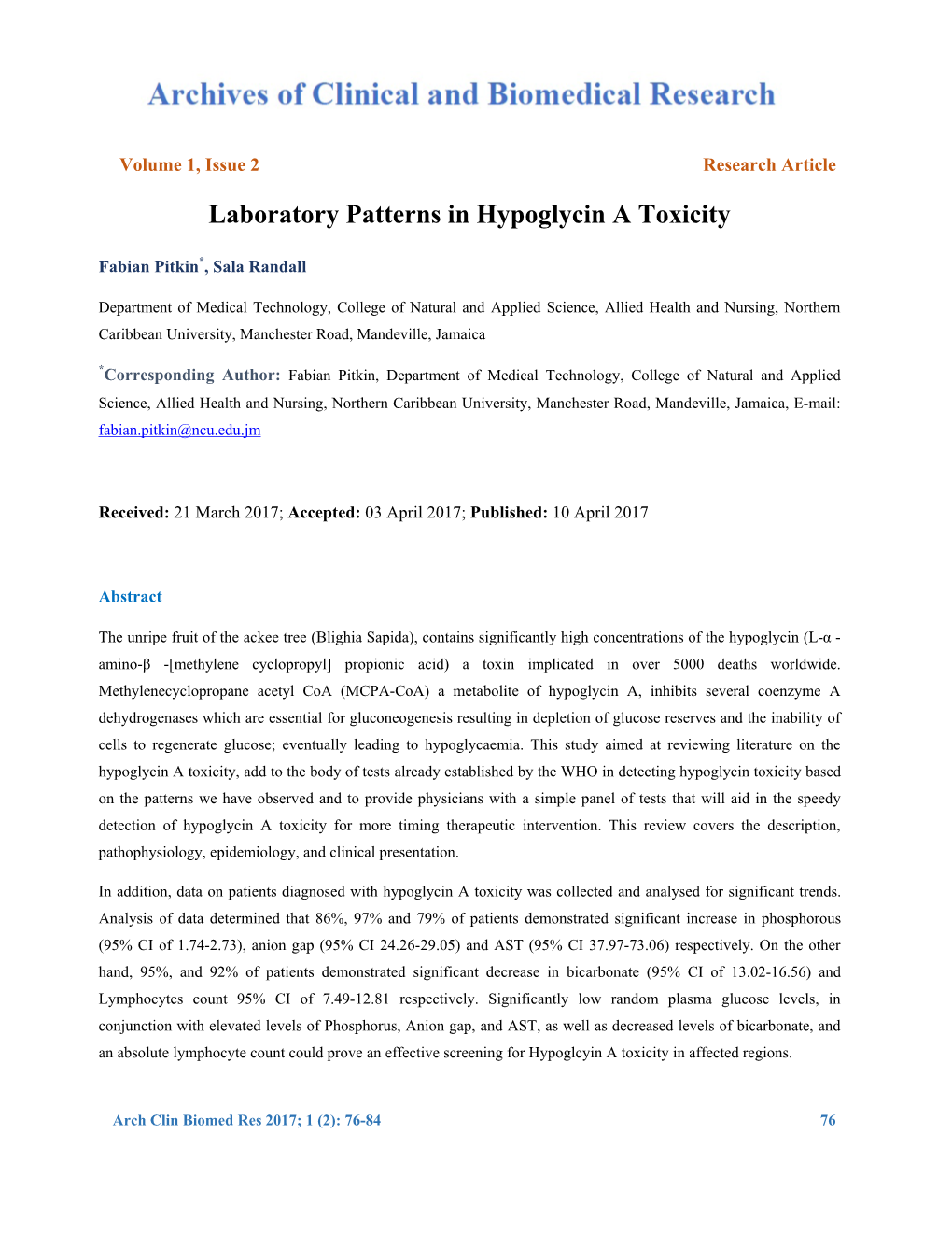 Laboratory Patterns in Hypoglycin a Toxicity