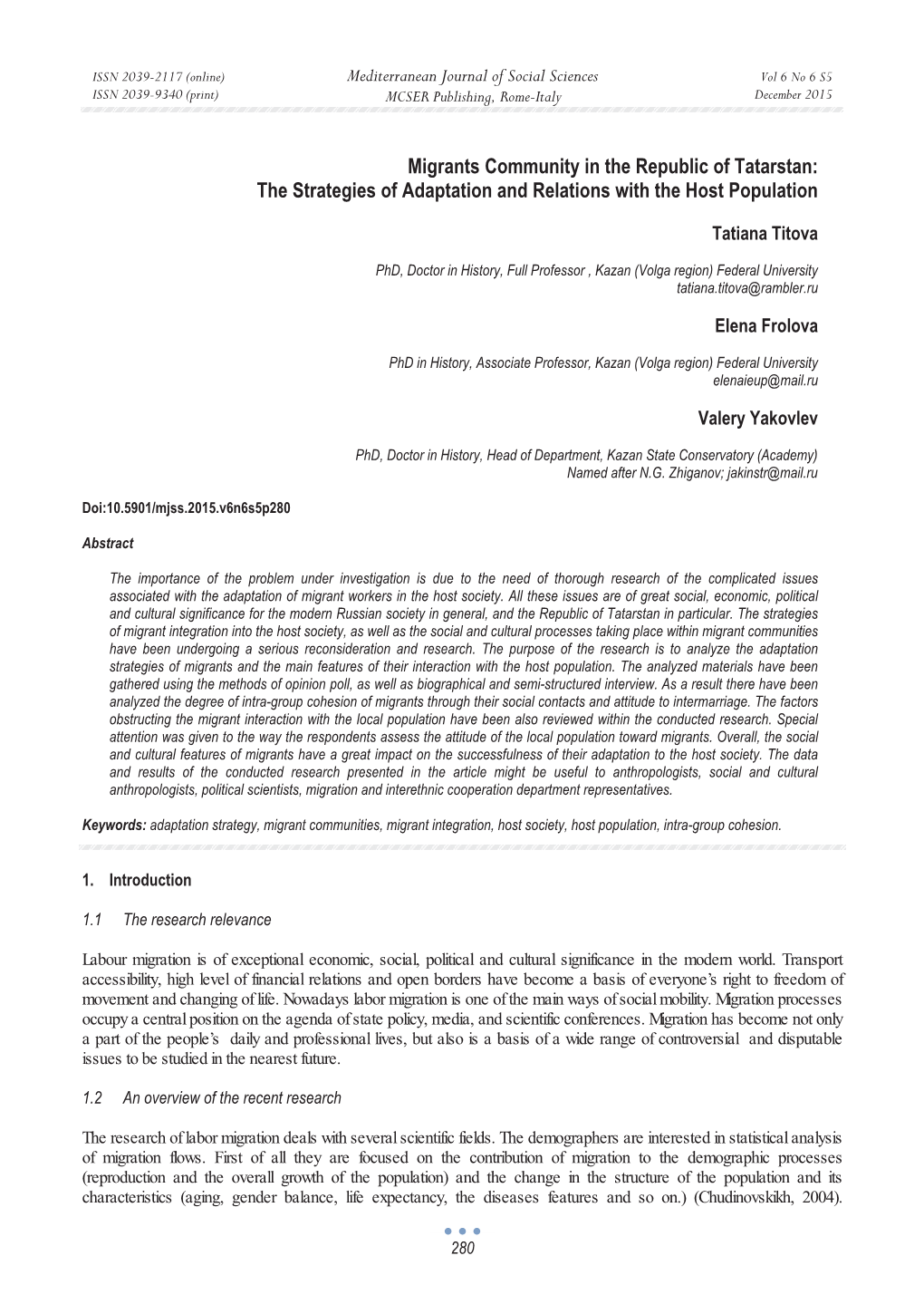 Migrants Community in the Republic of Tatarstan: the Strategies of Adaptation and Relations with the Host Population