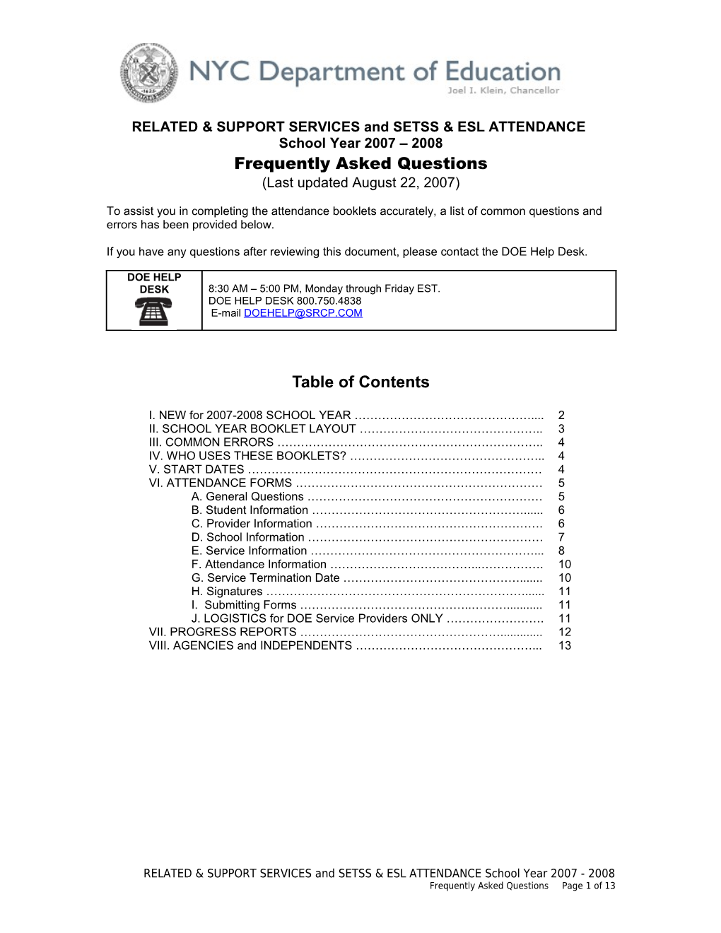 ATTENDANCE RECORD for RELATED & SUPPORT SERVICES and SETSS & ESL