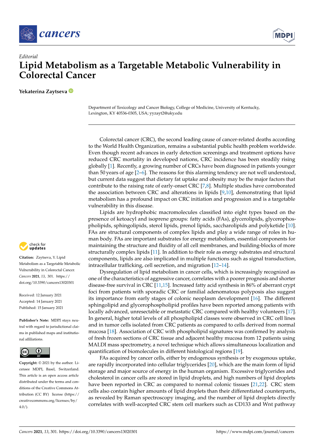 Lipid Metabolism As a Targetable Metabolic Vulnerability in Colorectal Cancer