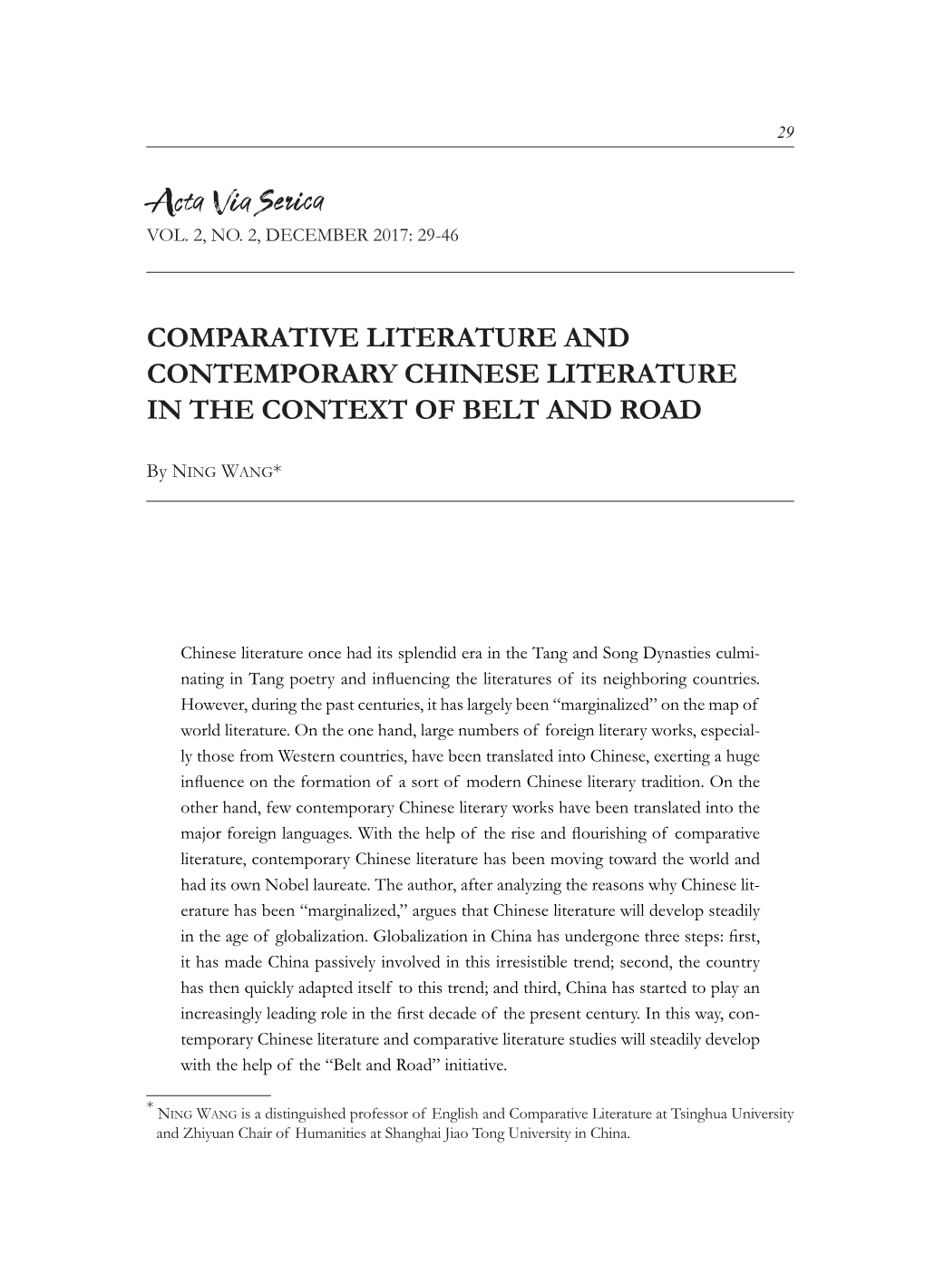 Comparative Literature and Contemporary Chinese Literature in the Context of Belt and Road