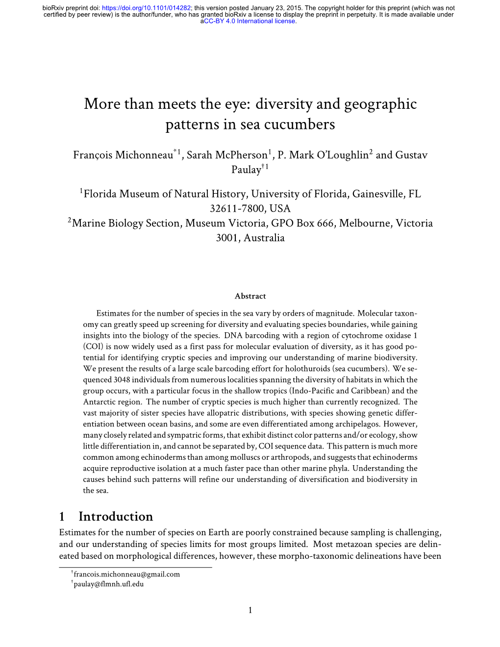 Diversity and Geographic Patterns in Sea Cucumbers