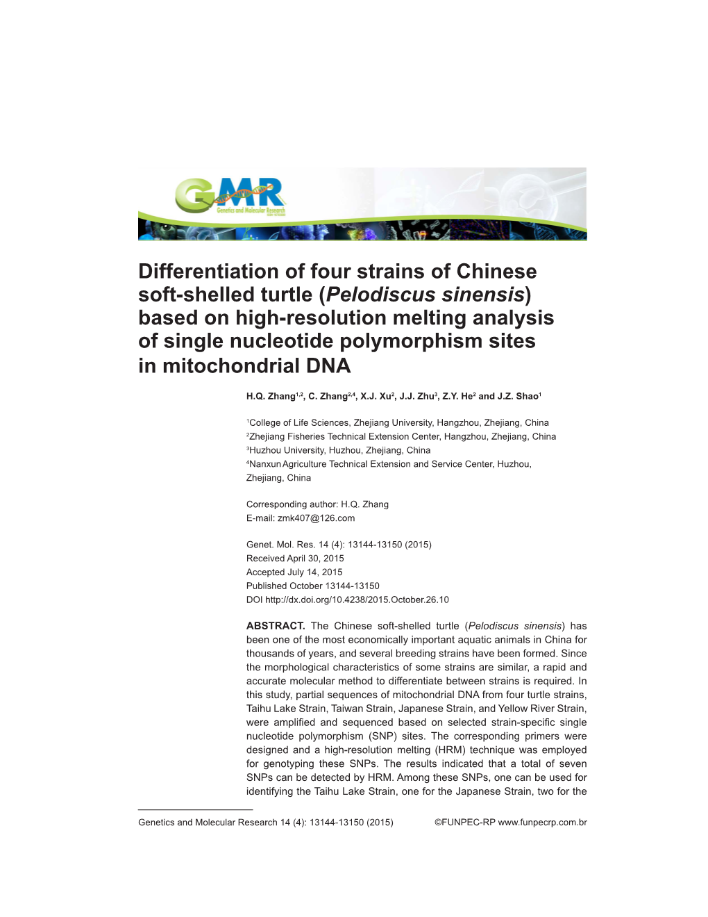 Pelodiscus Sinensis) Based on High-Resolution Melting Analysis of Single Nucleotide Polymorphism Sites in Mitochondrial DNA