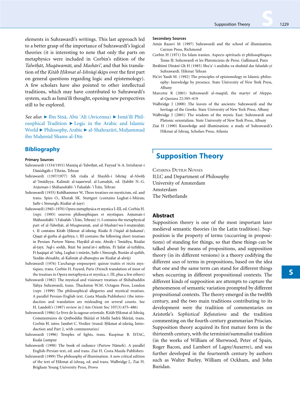 Supposition Theory S 1229 Elements in Suhrawardı¯’S Writings