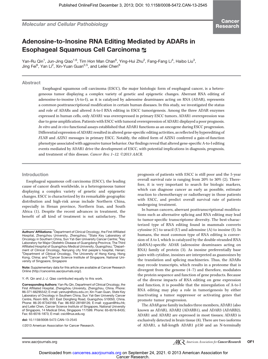 Adenosine-To-Inosine RNA Editing Mediated by Adars in Esophageal Squamous Cell Carcinoma