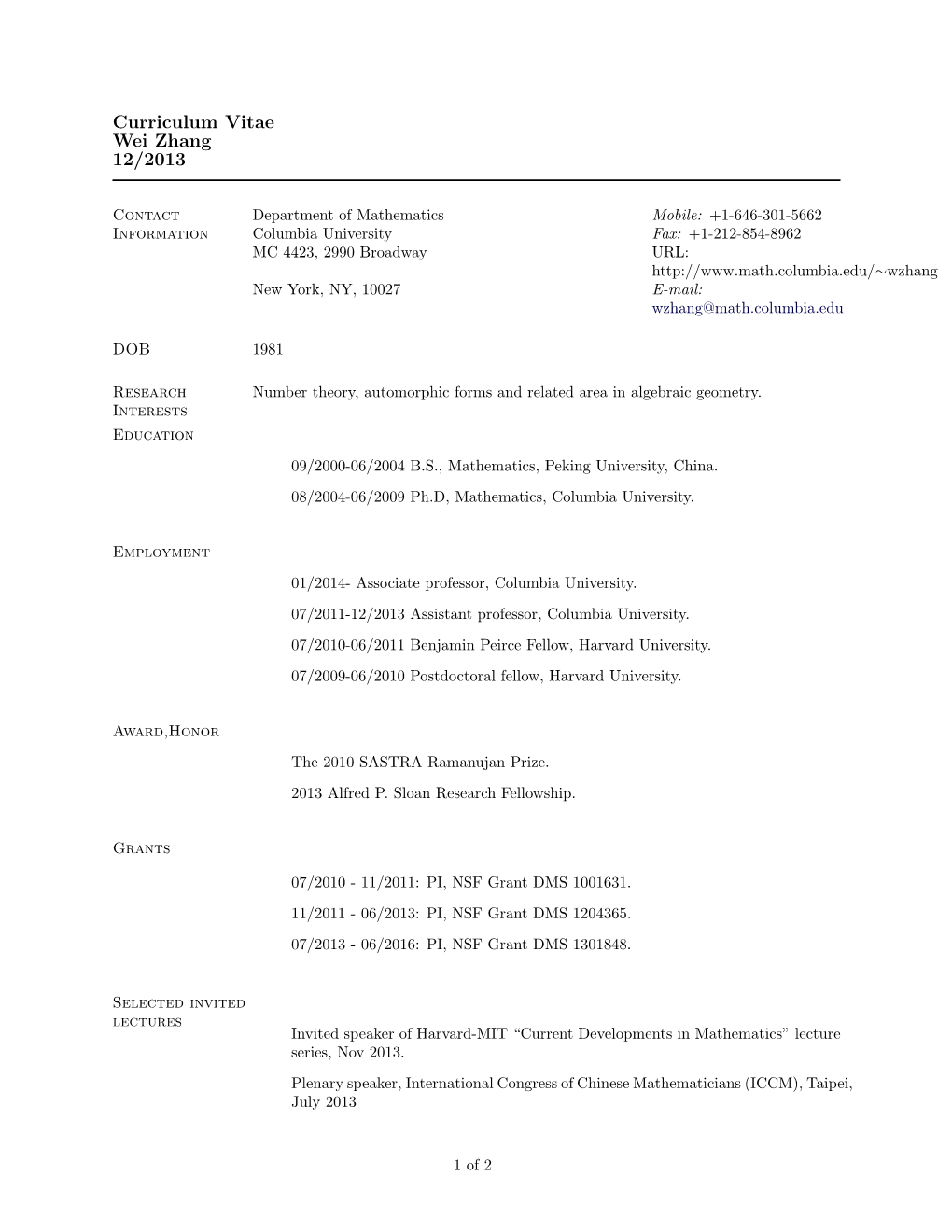 Curriculum Vitae Wei Zhang 12/2013