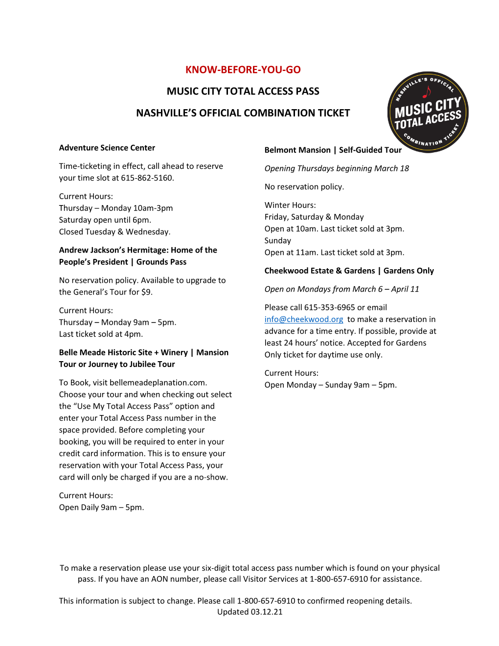 Know-Before-You-Go Music City Total Access Pass