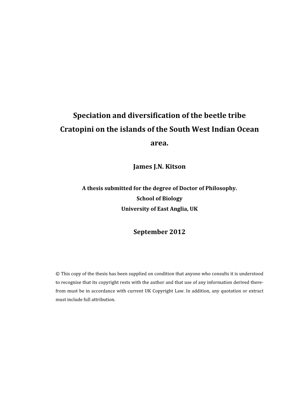 Speciation and Diversification of the Beetle Tribe Cratopini on the Islands of the South West Indian Ocean Area