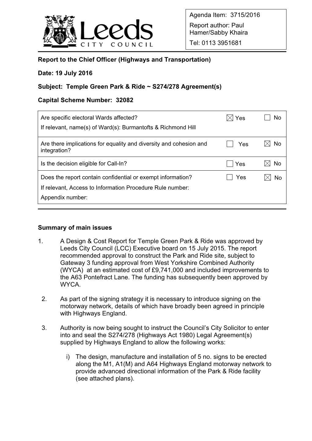 Temple Green Park and Ride Executive Board Report Which Determined That an Impact Assessment Was Not Necessary