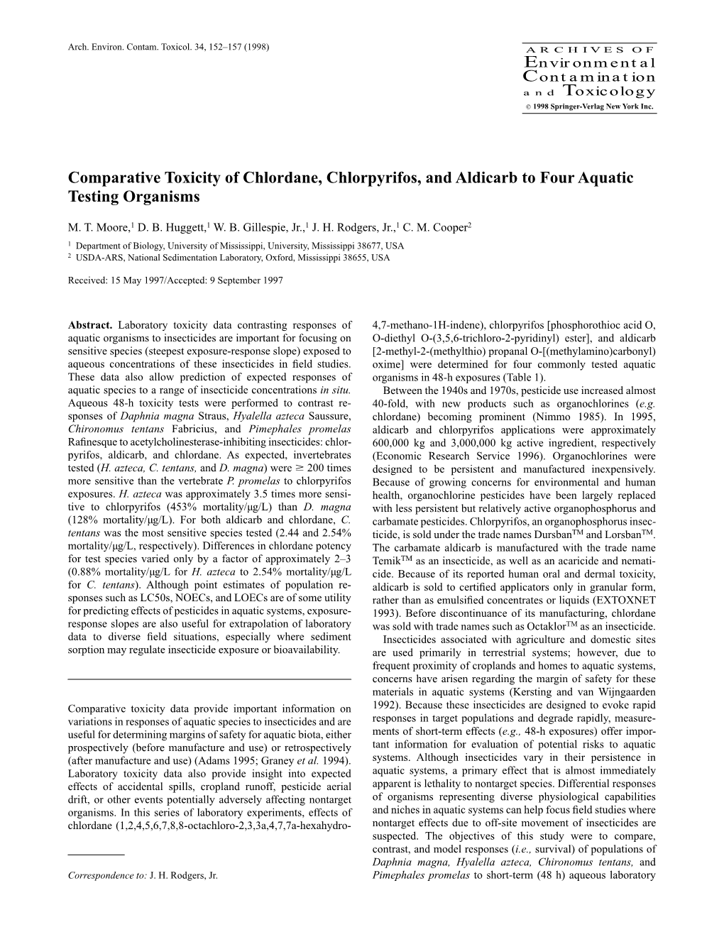 Comparative Toxicity of Chlordane, Chlorpyrifos, and Aldicarb to Four Aquatic Testing Organisms