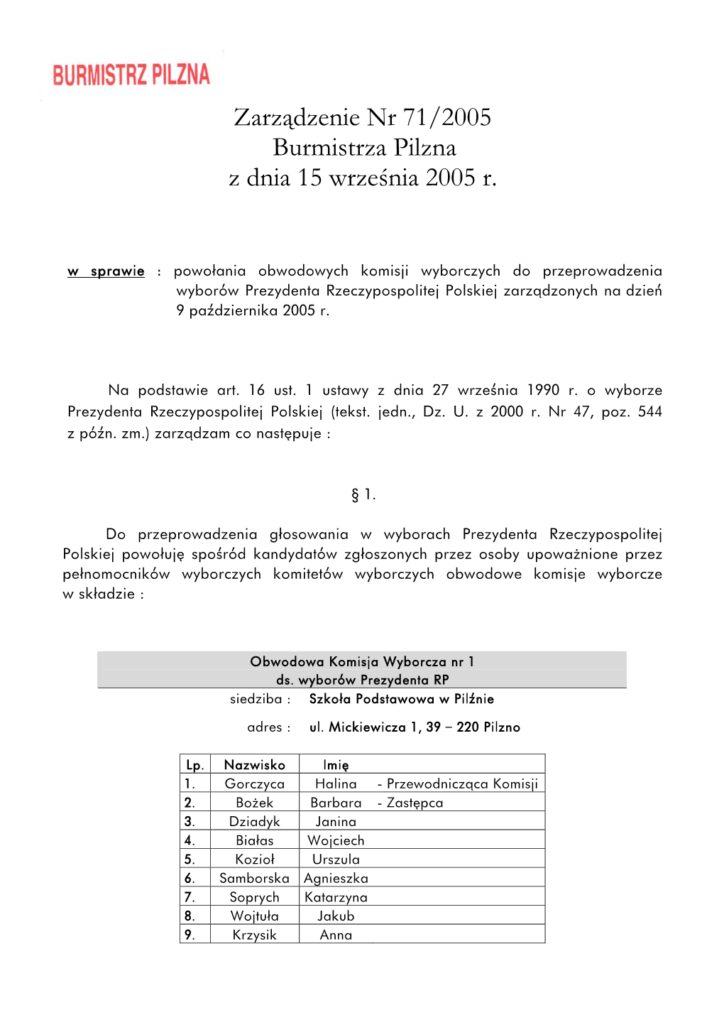 Zarządzenie Nr 71/2005 Burmistrza Pilzna Z Dnia 15 Września 2005 R