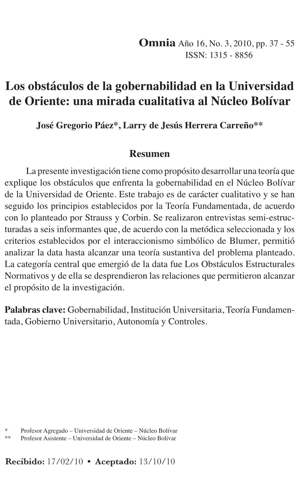 Los Obstáculos De La Gobernabilidad En La Universidad De Oriente: Una Mirada Cualitativa Al Núcleo Bolívar