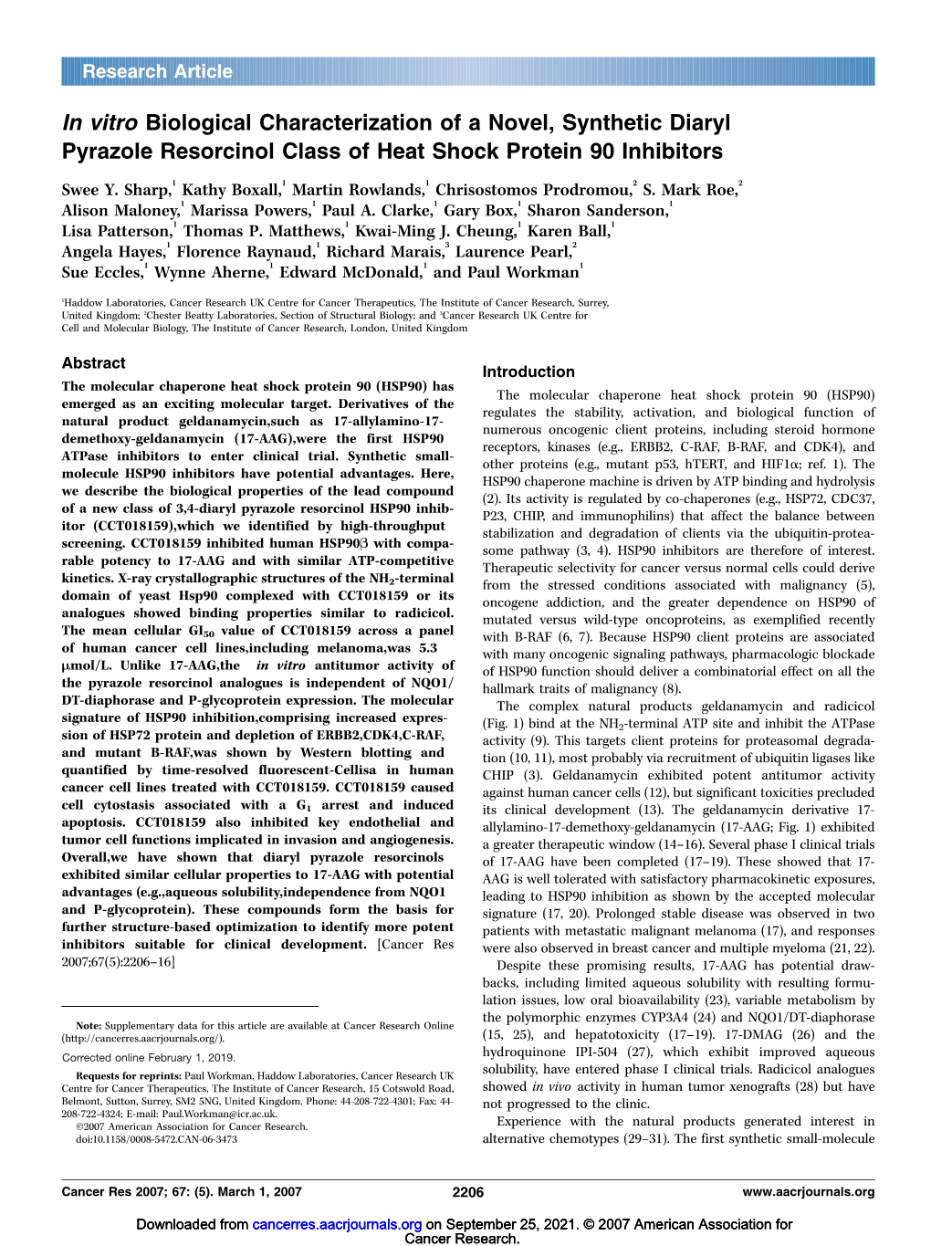 In Vitro Biological Characterization of a Novel, Synthetic Diaryl Pyrazole Resorcinol Class of Heat Shock Protein 90 Inhibitors