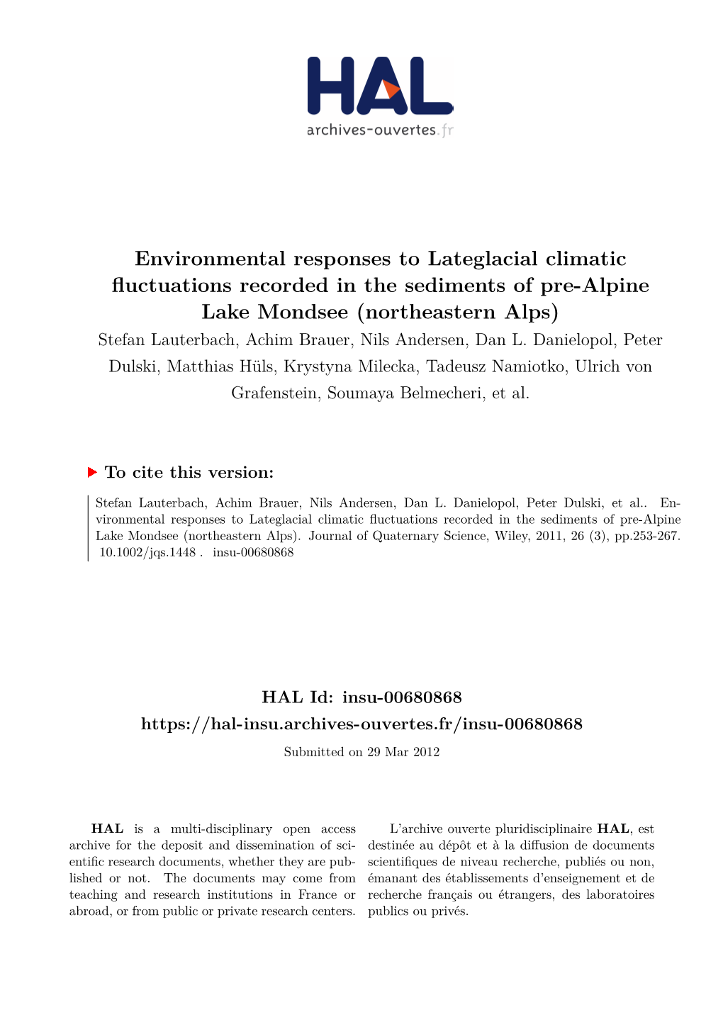 Environmental Responses to Lateglacial Climatic Fluctuations Recorded in the Sediments of Pre-Alpine Lake Mondsee