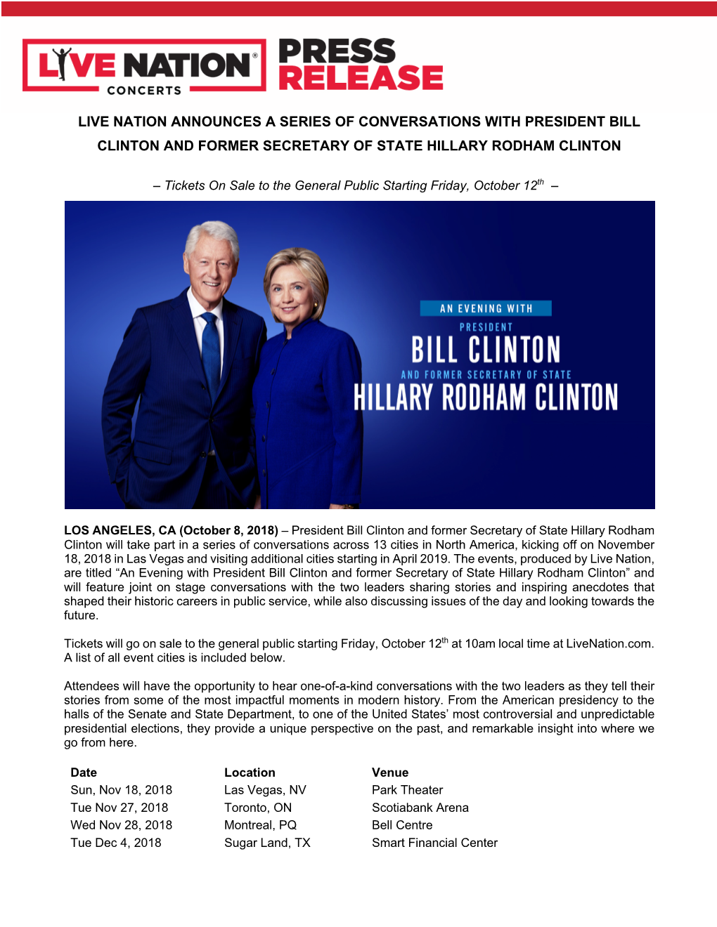 Live Nation Announces a Series of Conversations with President Bill Clinton and Former Secretary of State Hillary Rodham Clinton