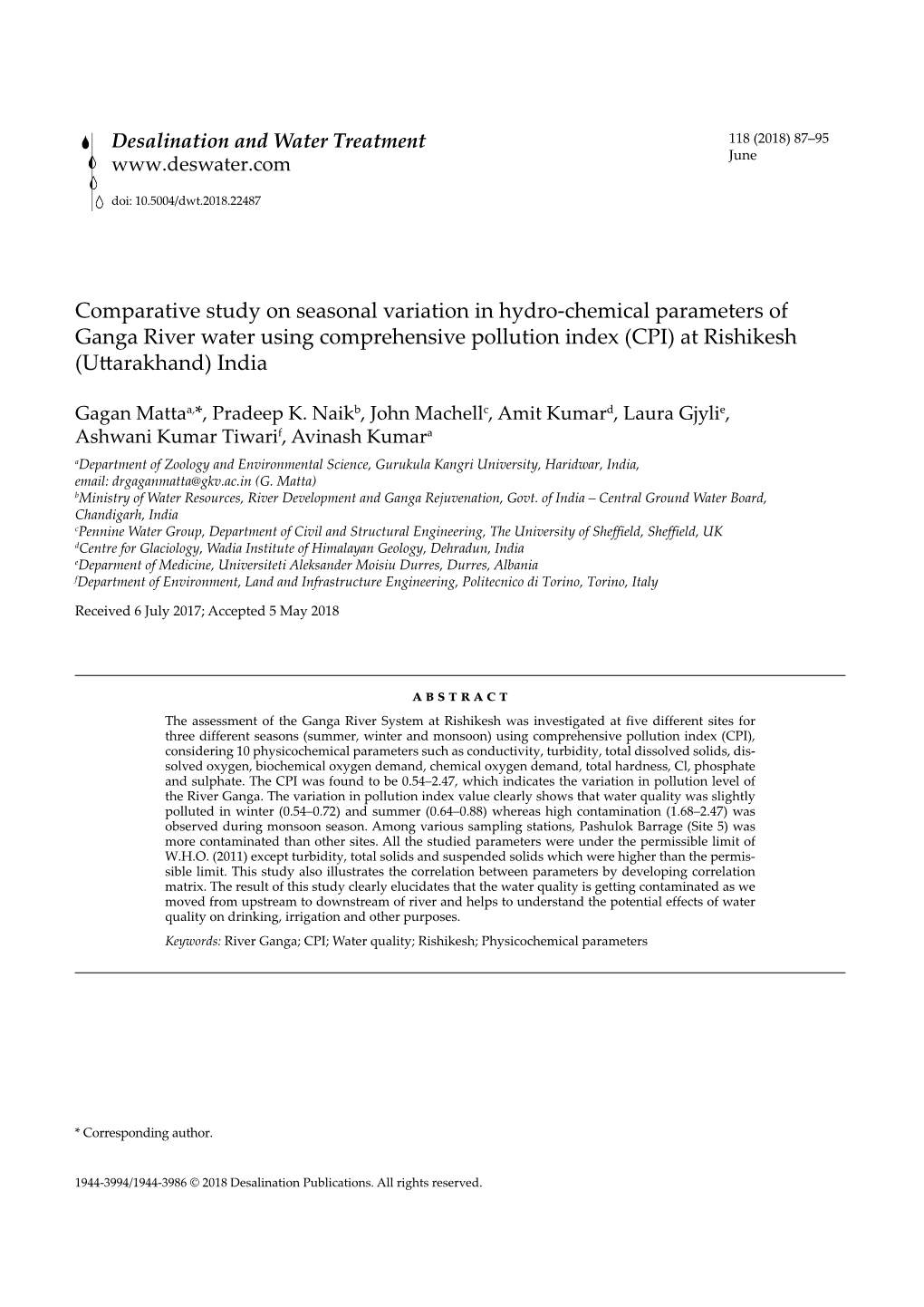 Comparative Study on Seasonal Variation in Hydro-Chemical Parameters of Ganga River Water Using Comprehensive Pollution Index (CPI) at Rishikesh (Uttarakhand) India