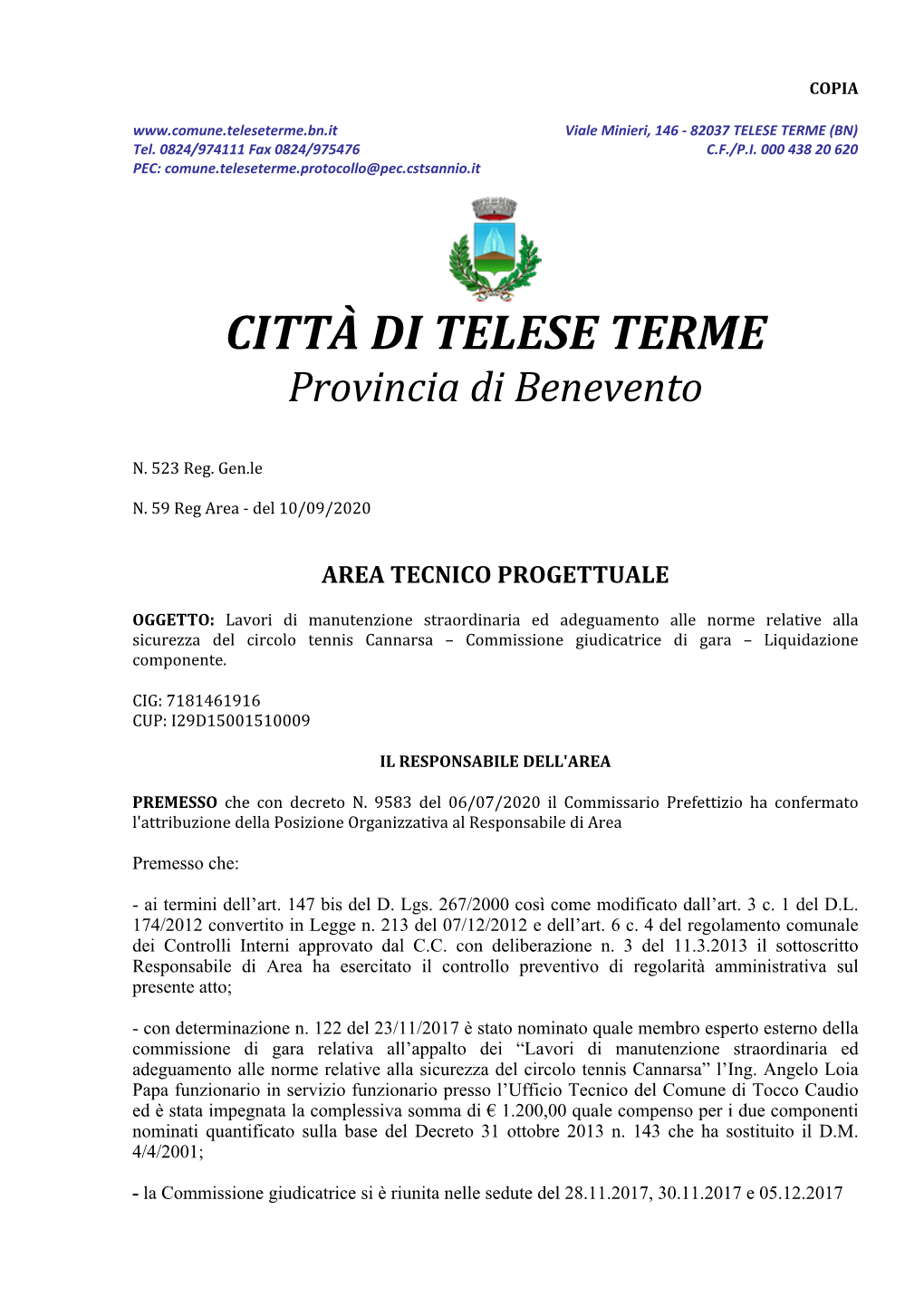 CITTÀ DI TELESE TERME Provincia Di Benevento