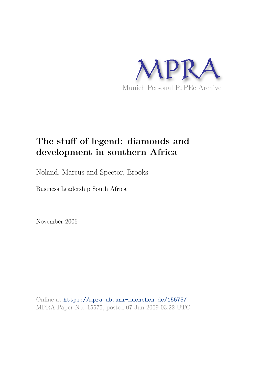 The Stuff of Legend: Diamonds and Development in Southern Africa