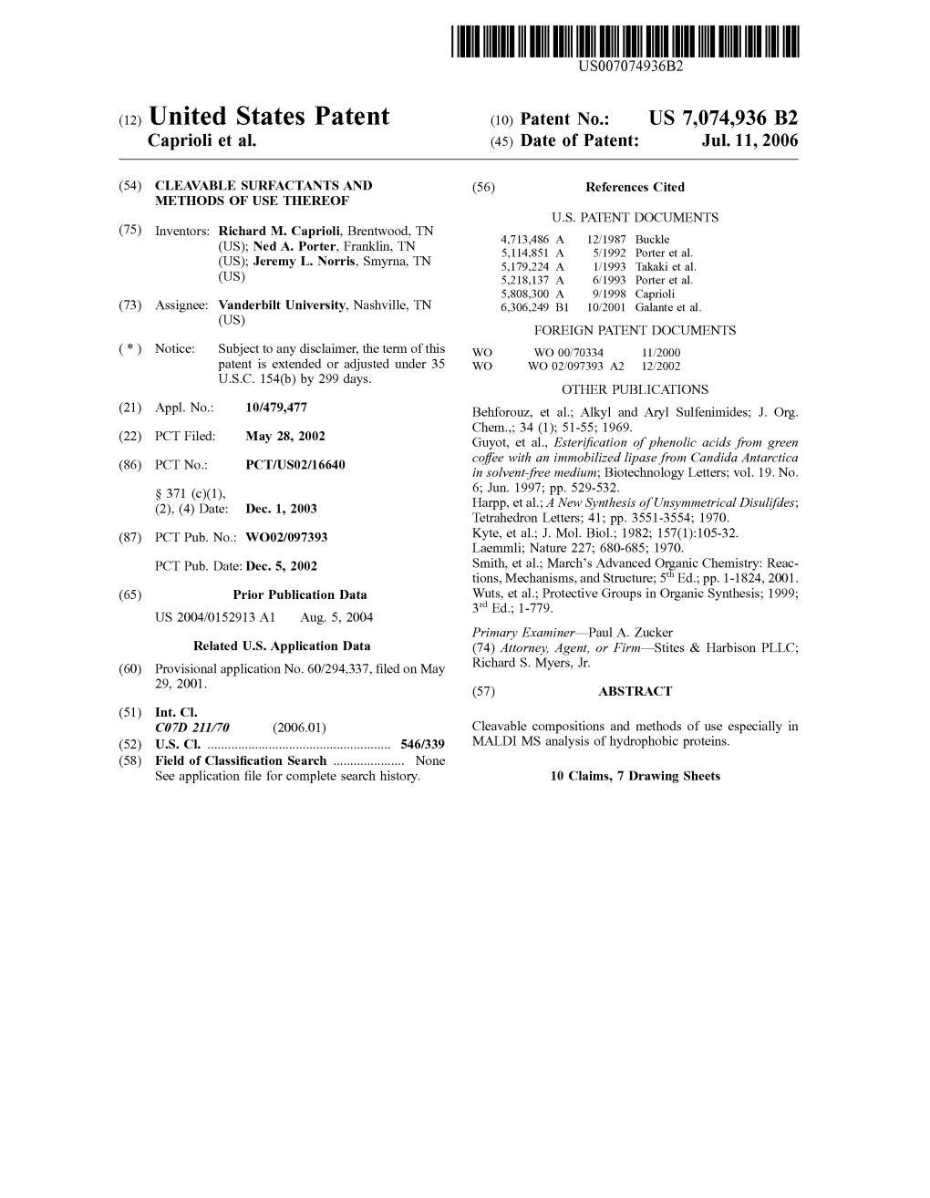 (12) United States Patent (10) Patent No.: US 7,074,936 B2 Caprioli Et Al