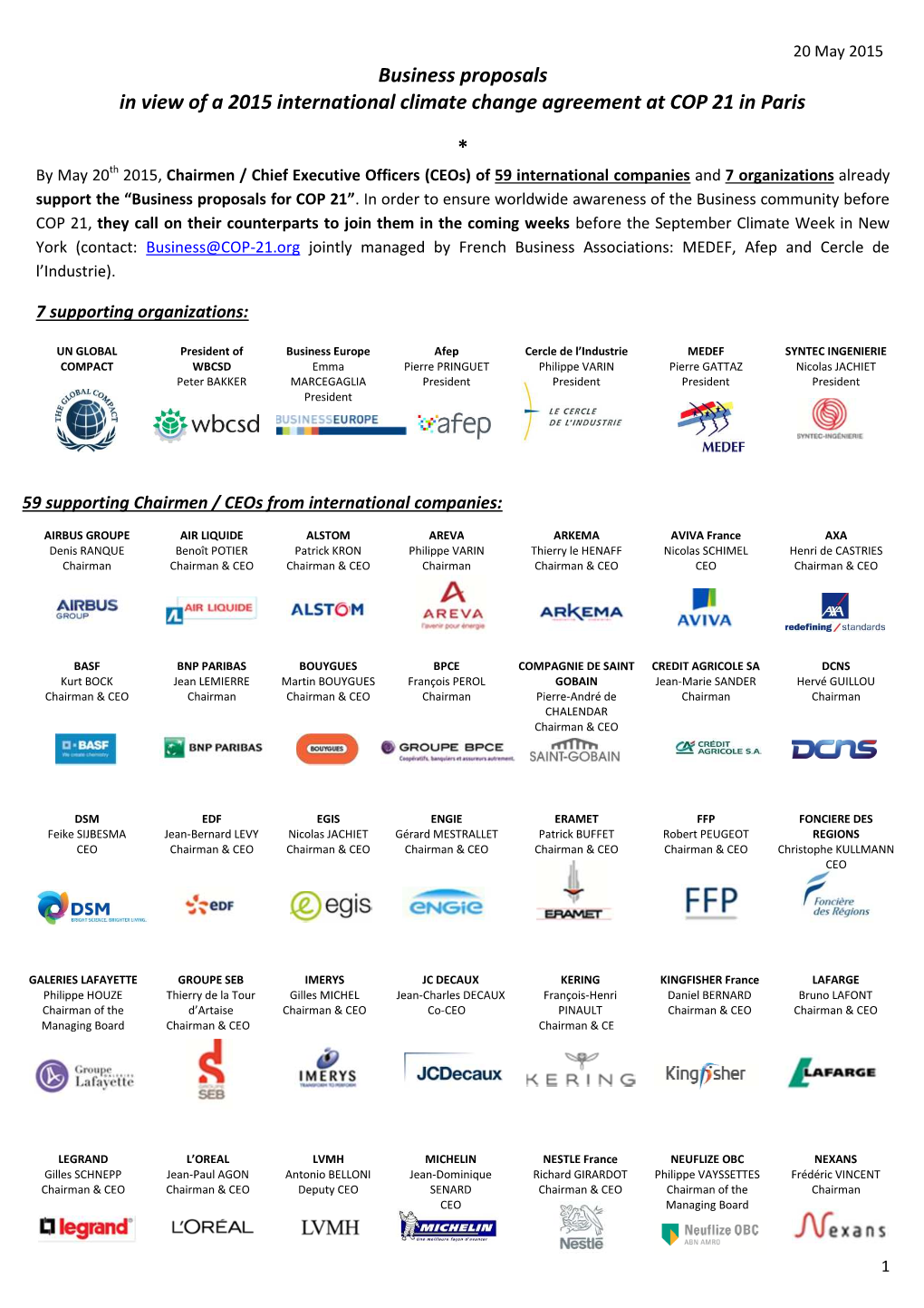 Business Proposals in View of a 2015 International Climate Change Agreement at COP 21 in Paris