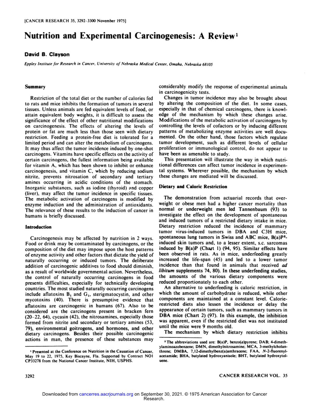 Nutrition and Experimental Carcinogenesis: a Review'