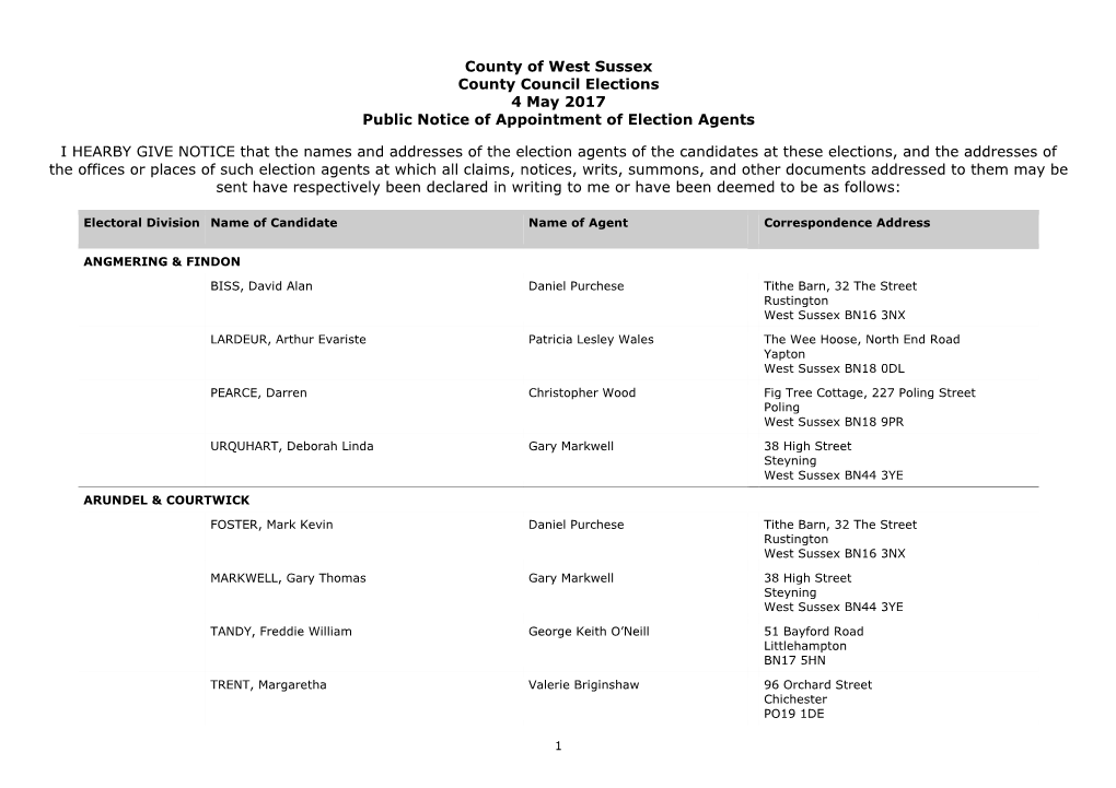 County of West Sussex County Council Elections 4 May 2017 Public Notice of Appointment of Election Agents I HEARBY GIVE NOTICE T