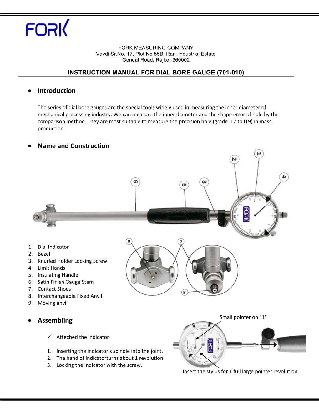 Instruction Manual for Dial Bore Gauge (701-010)
