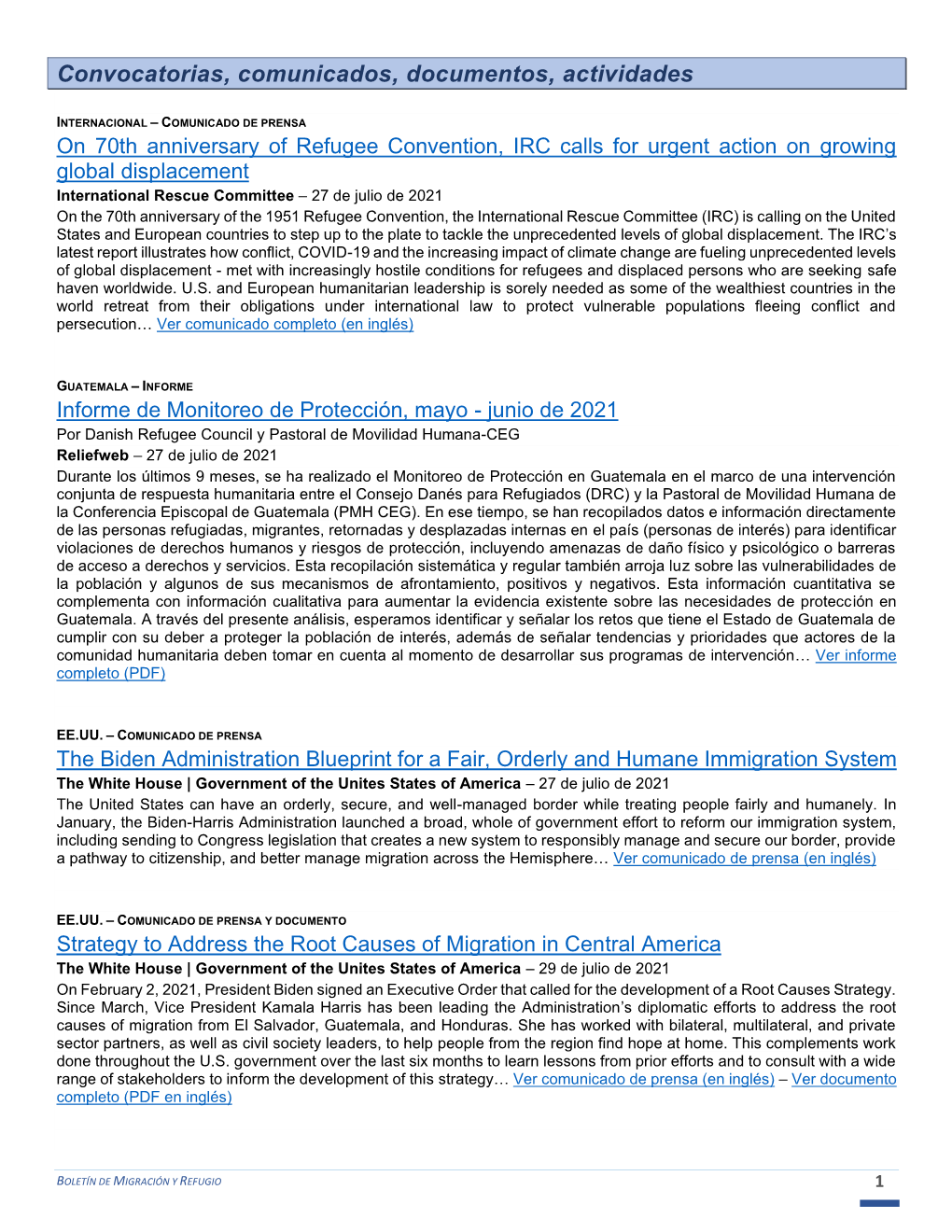 Boletín De Migración Y Refugio 1 Ee.Uu
