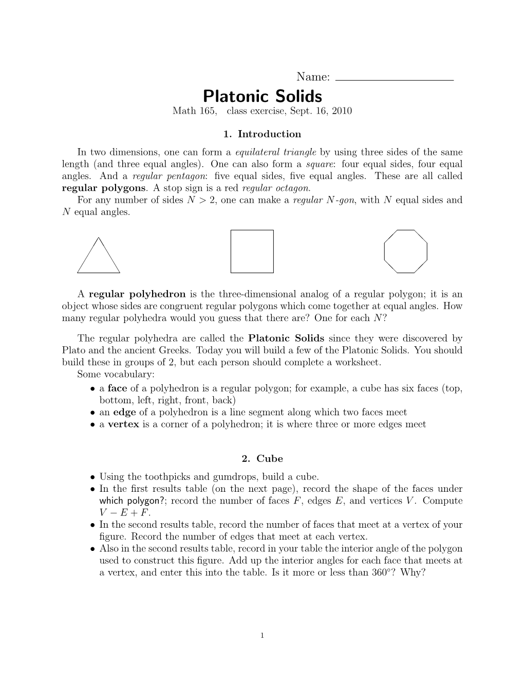 Platonic Solids Math 165, Class Exercise, Sept