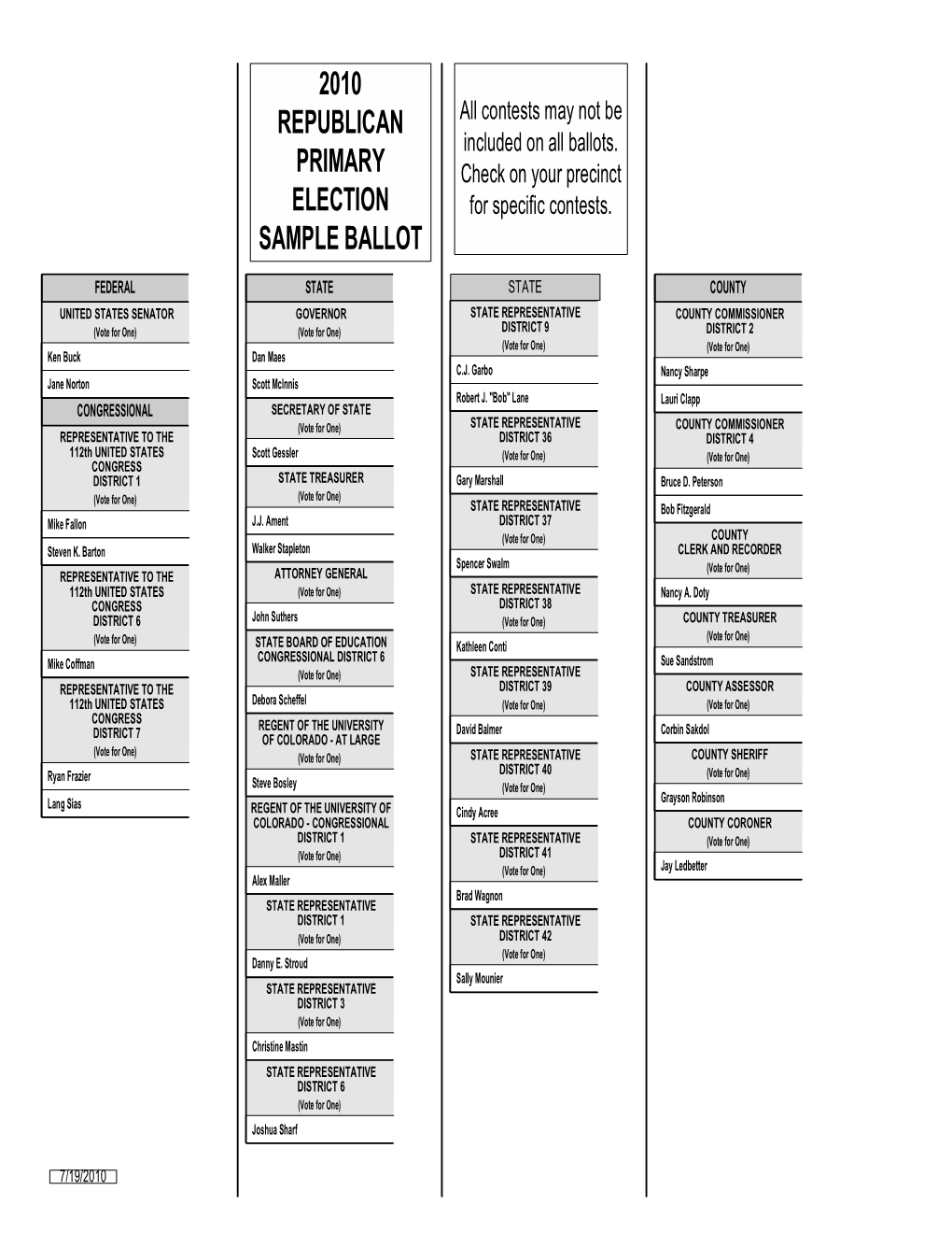 2010 Republican Primary Election Sample Ballot