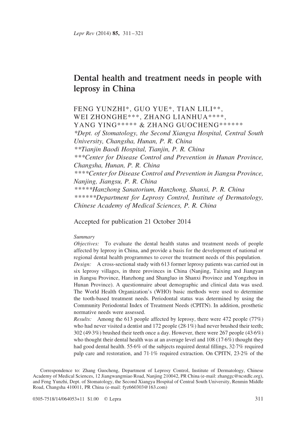 Dental Health and Treatment Needs in People with Leprosy in China