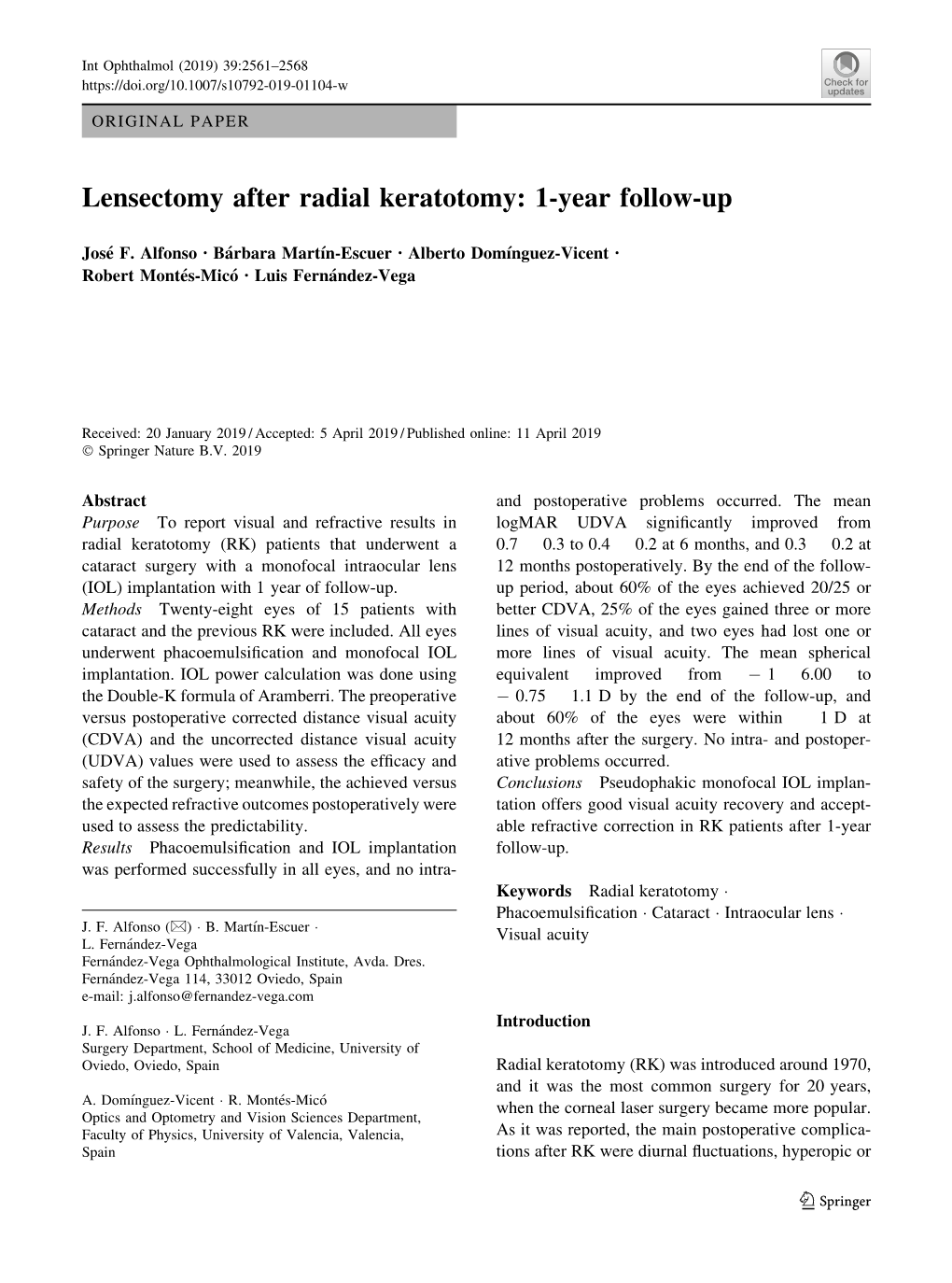 Lensectomy After Radial Keratotomy: 1-Year Follow-Up