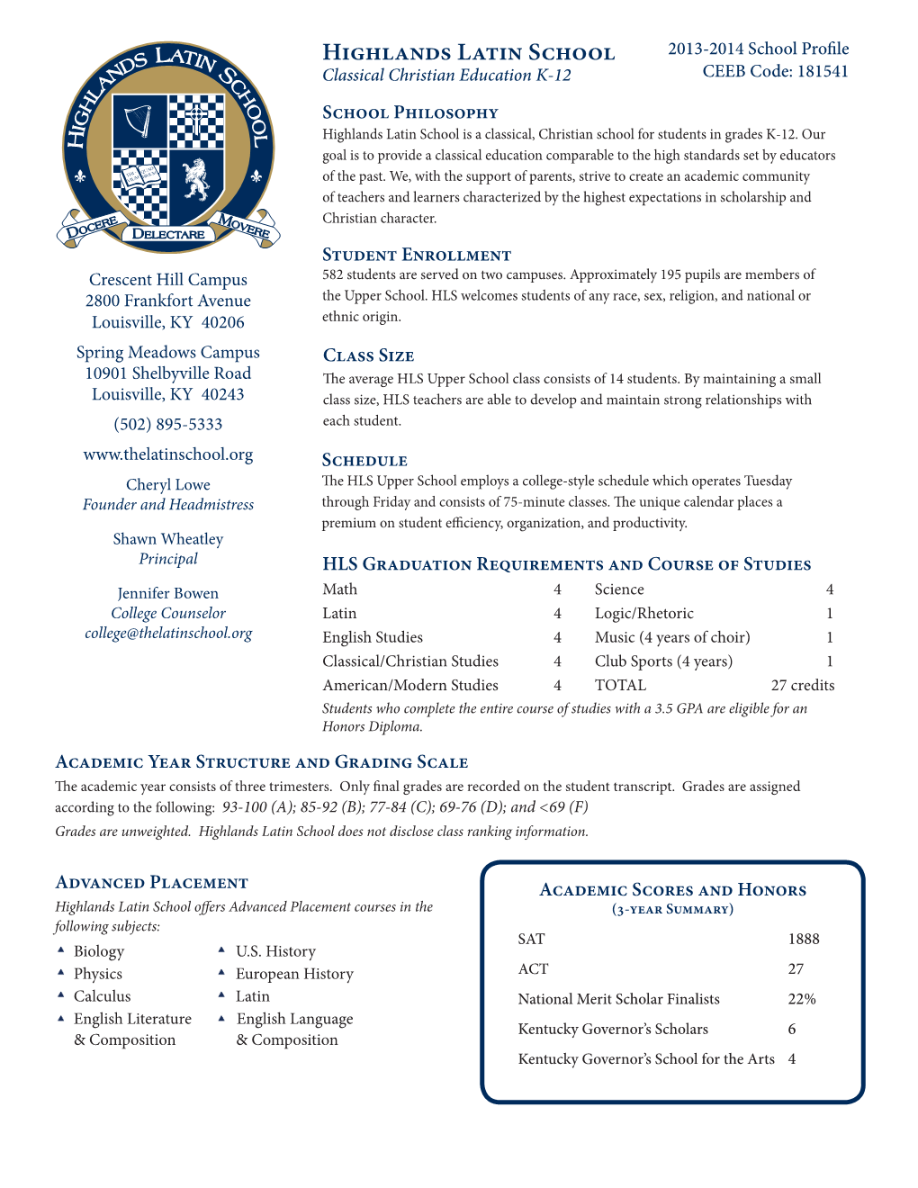 Highlands Latin School 2013-2014 School Profile Classical Christian Education K-12 CEEB Code: 181541