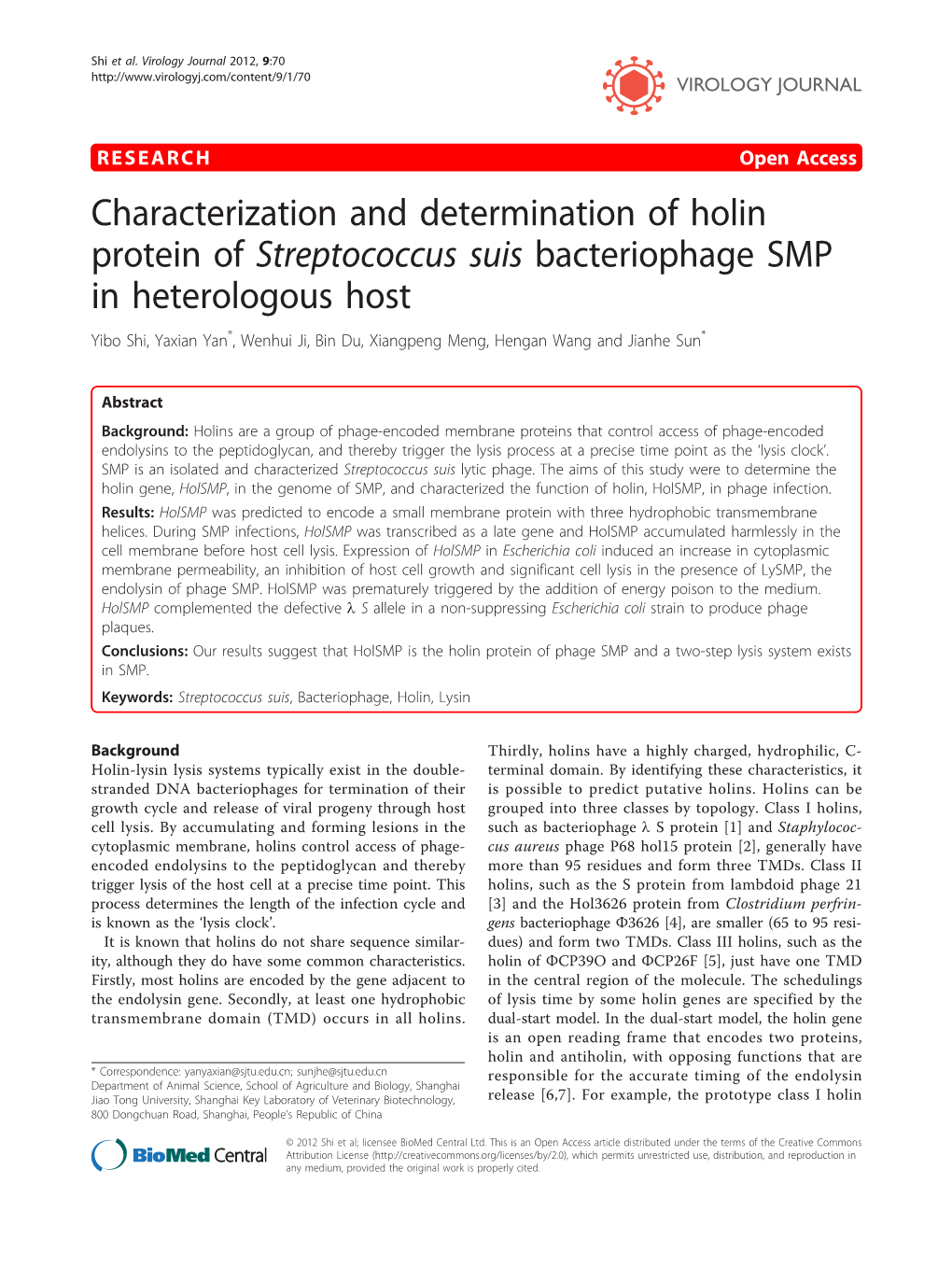 Characterization and Determination of Holin Protein of Streptococcus Suis Bacteriophage SMP in Heterologous Host