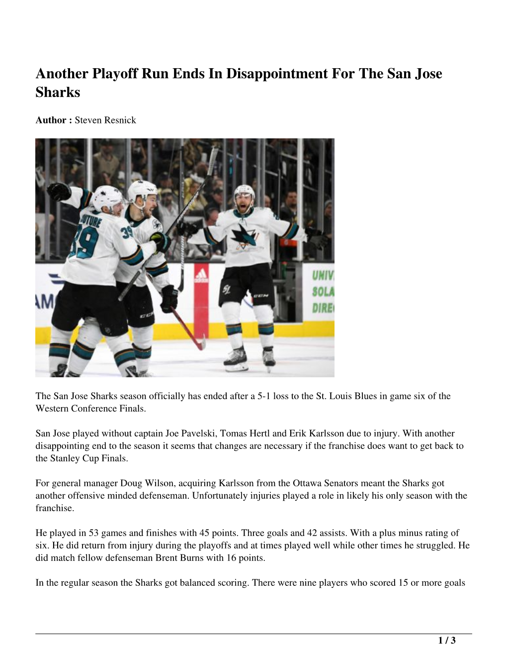 Another Playoff Run Ends in Disappointment for the San Jose Sharks