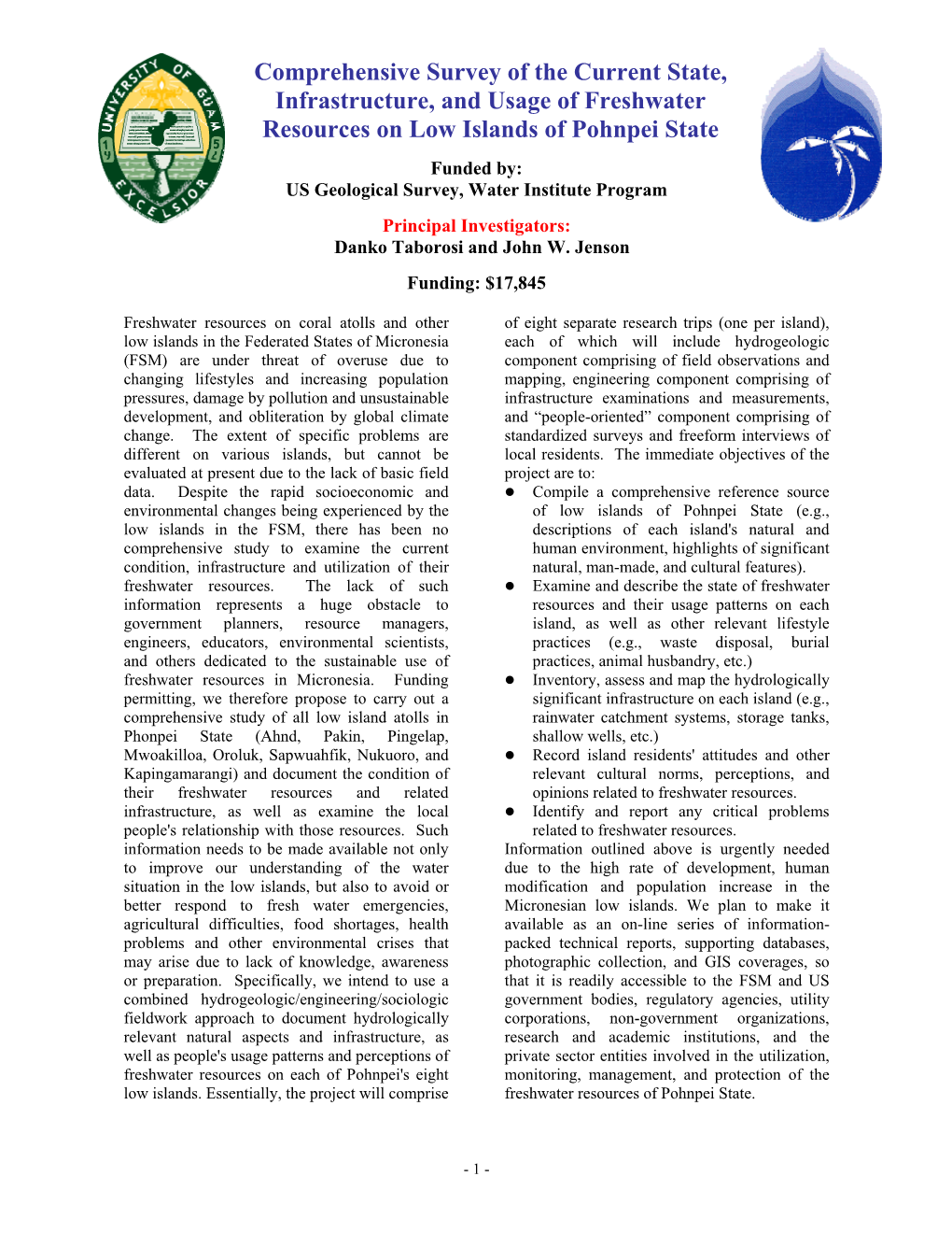 Comprehensive Survey of the Current State, Infrastructure, and Usage of Freshwater Resources on Low Islands of Pohnpei State