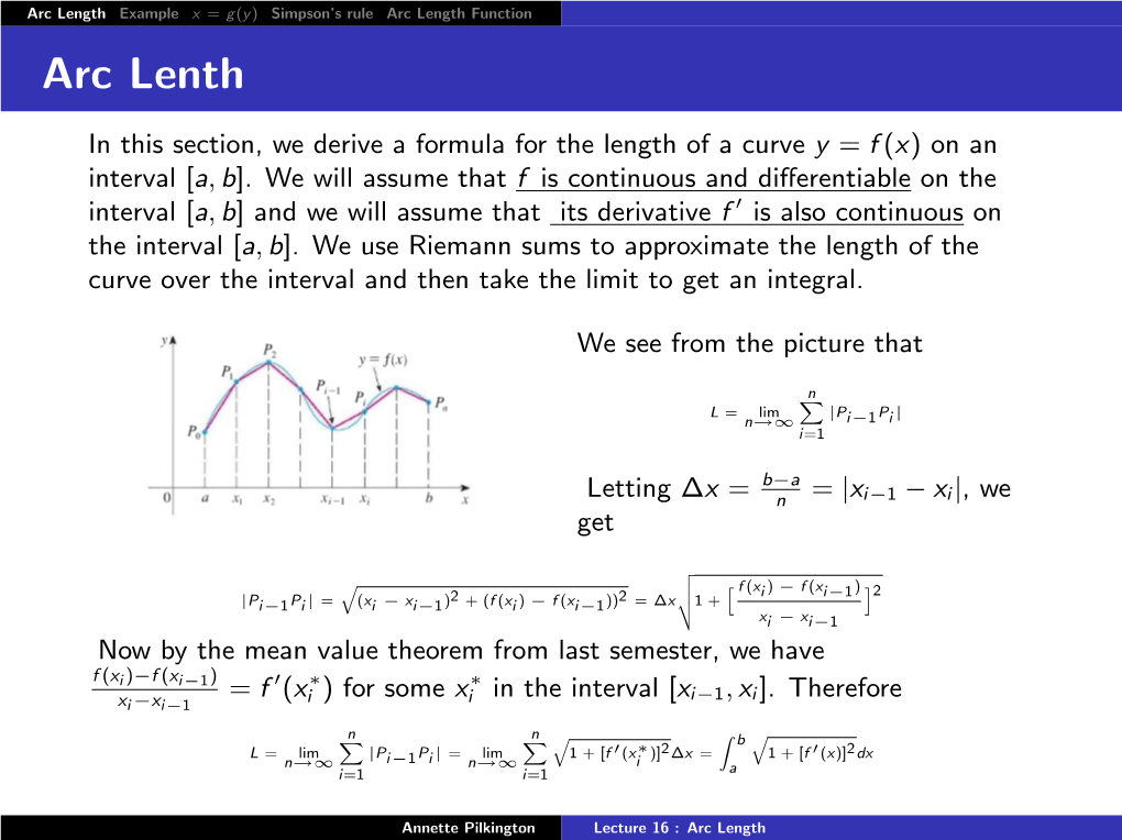 Arc Length Example X = G(Y) Simpson’S Rule Arc Length Function Arc Lenth