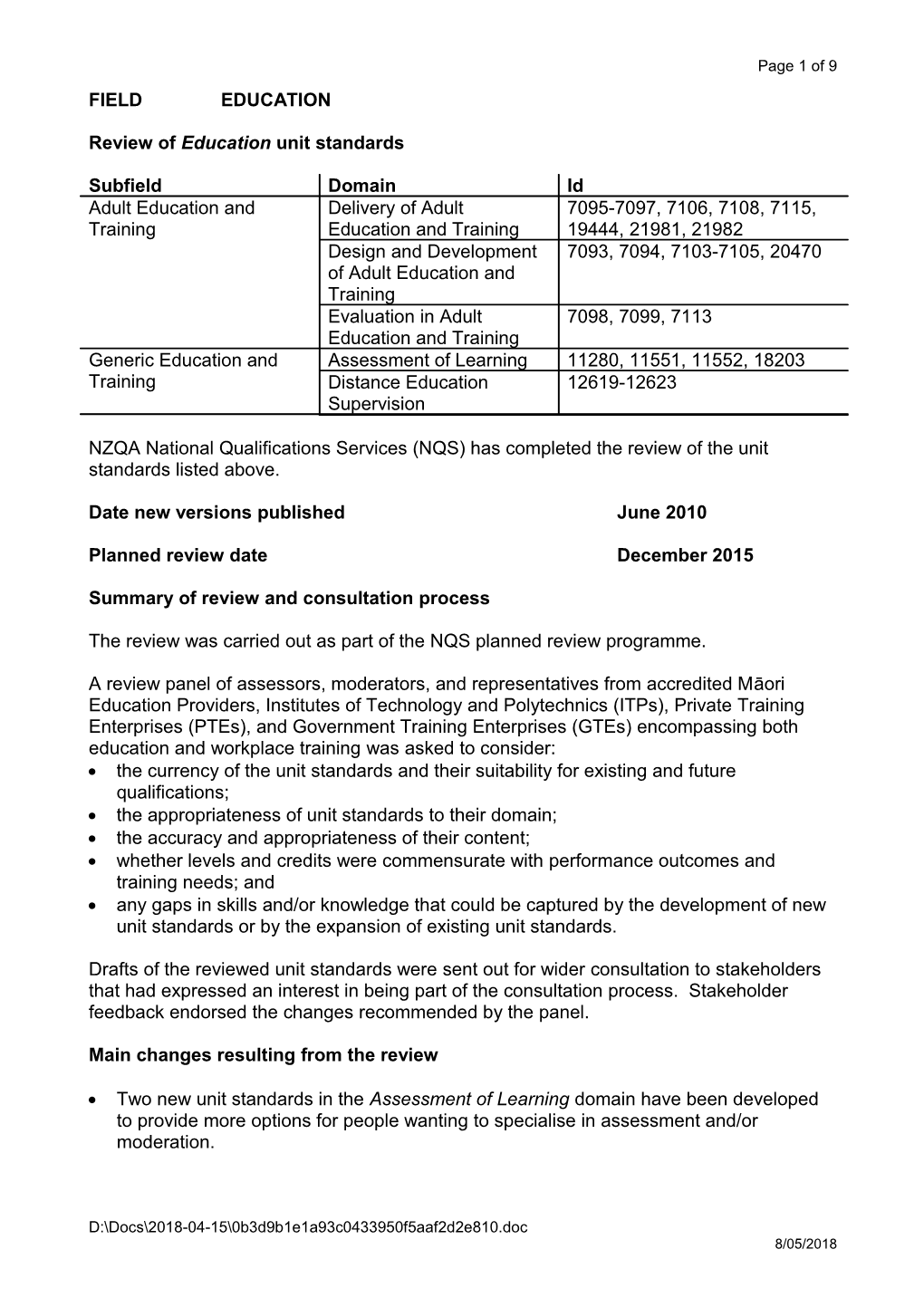 Review of Education Unit Standards