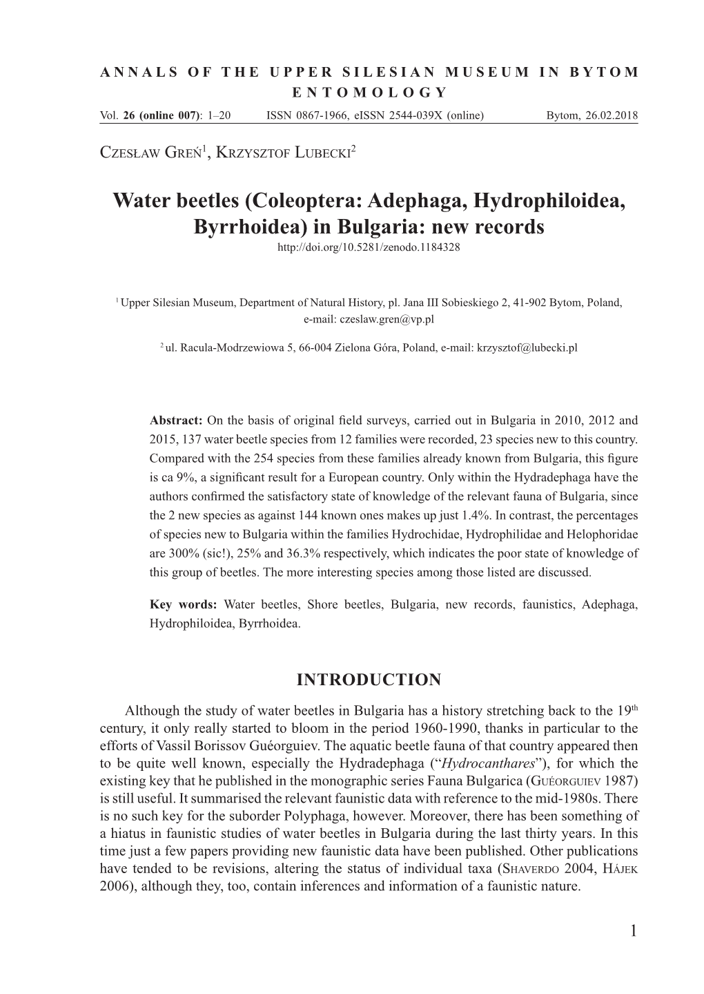 Water Beetles (Coleoptera: Adephaga, Hydrophiloidea, Byrrhoidea) in Bulgaria: New Records