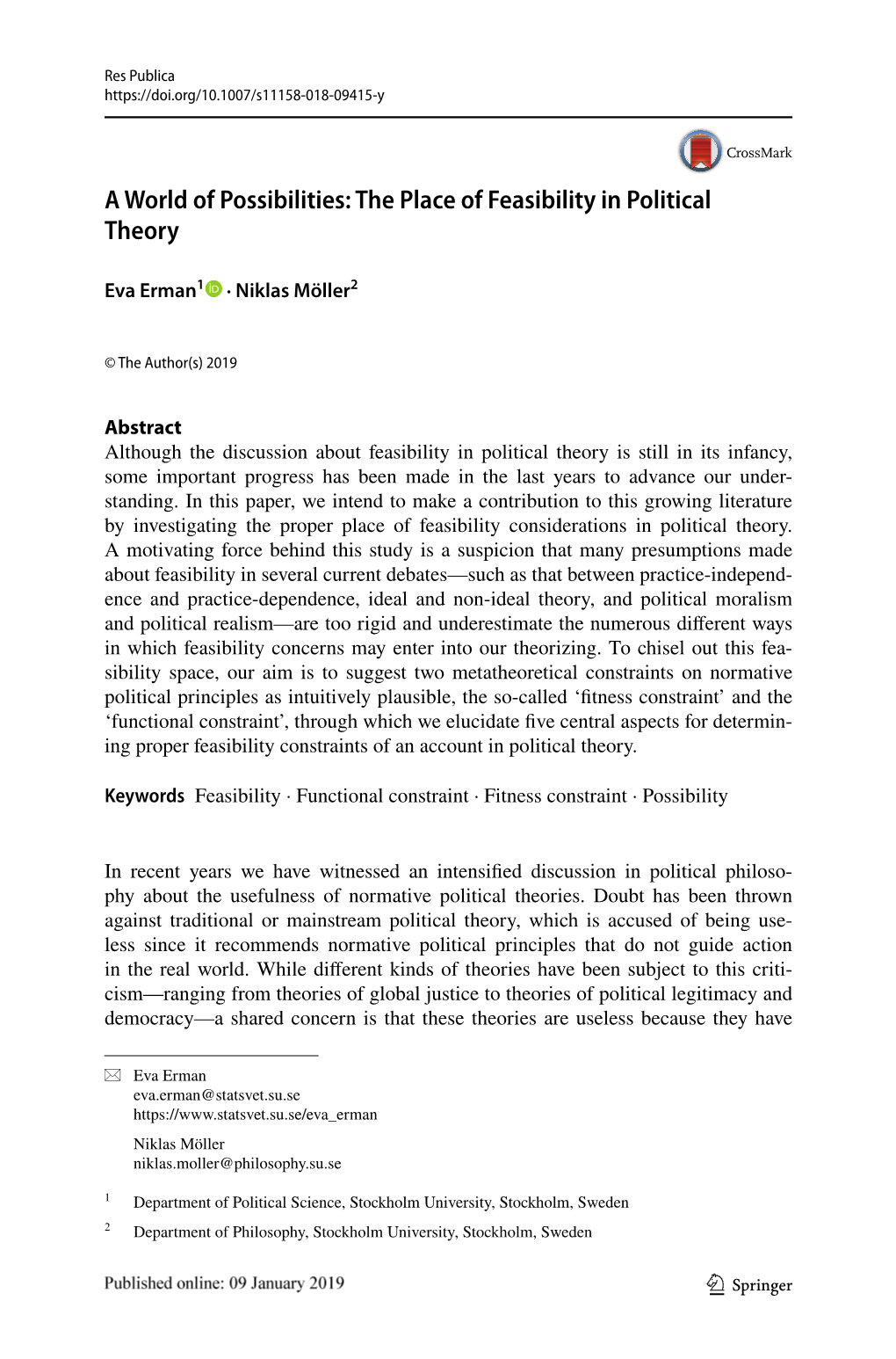 A World of Possibilities: the Place of Feasibility in Political Theory
