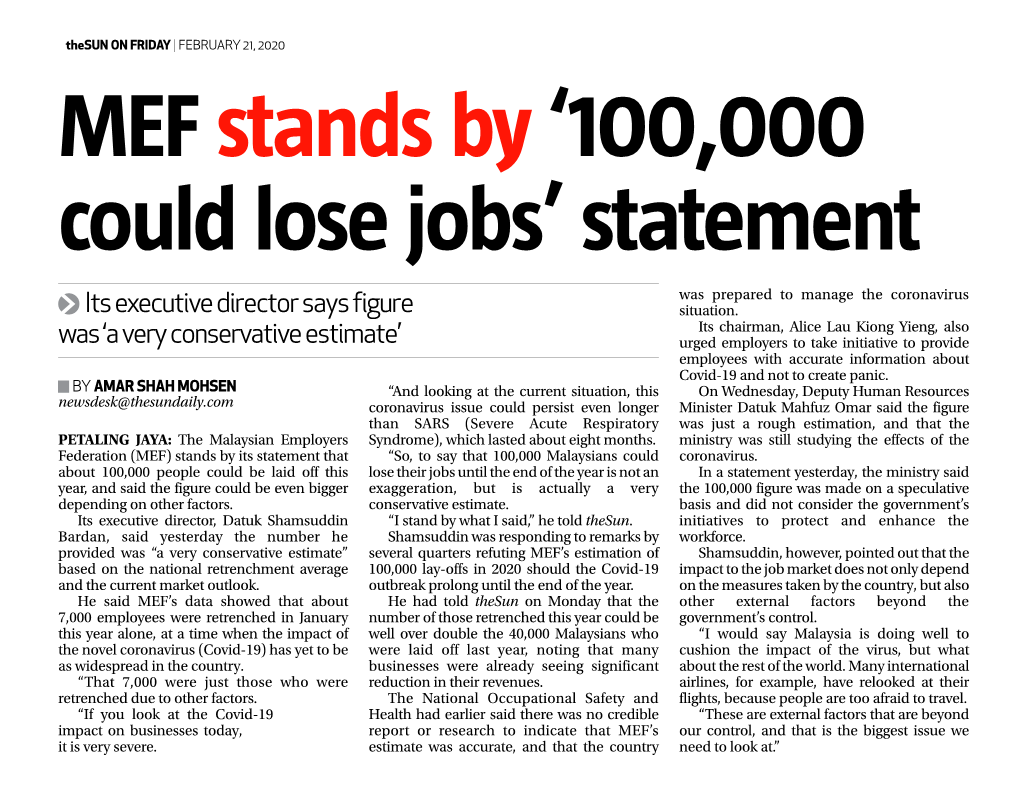 MEF Stands by ‘100,000 Could Lose Jobs’ Statement